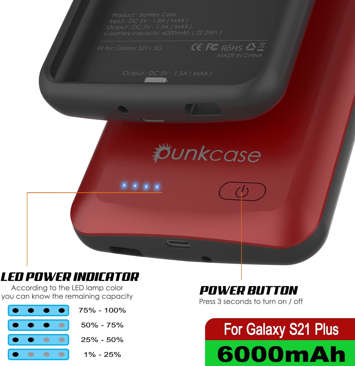 PunkJuice S21+ Plus Battery Case Red - Portable Charging Power Juice Bank with 6000mAh