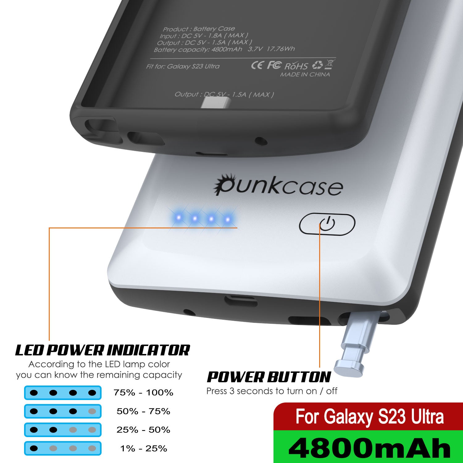 PunkJuice S24 Battery Case White - Portable Charging Power Juice Bank with 4500mAh