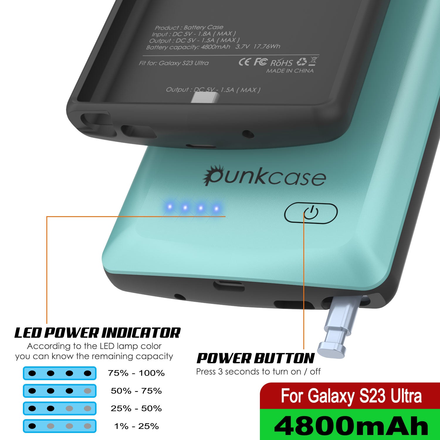 PunkJuice S24+ Plus Battery Case Teal - Portable Charging Power Juice Bank with 5000mAh