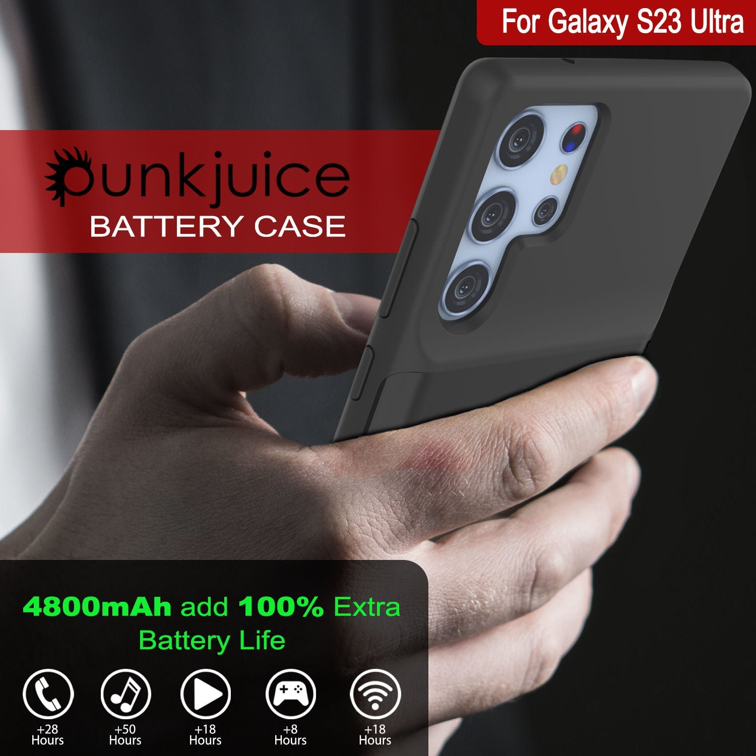 PunkJuice S24 Battery Case Black - Portable Charging Power Juice Bank with 4500mAh