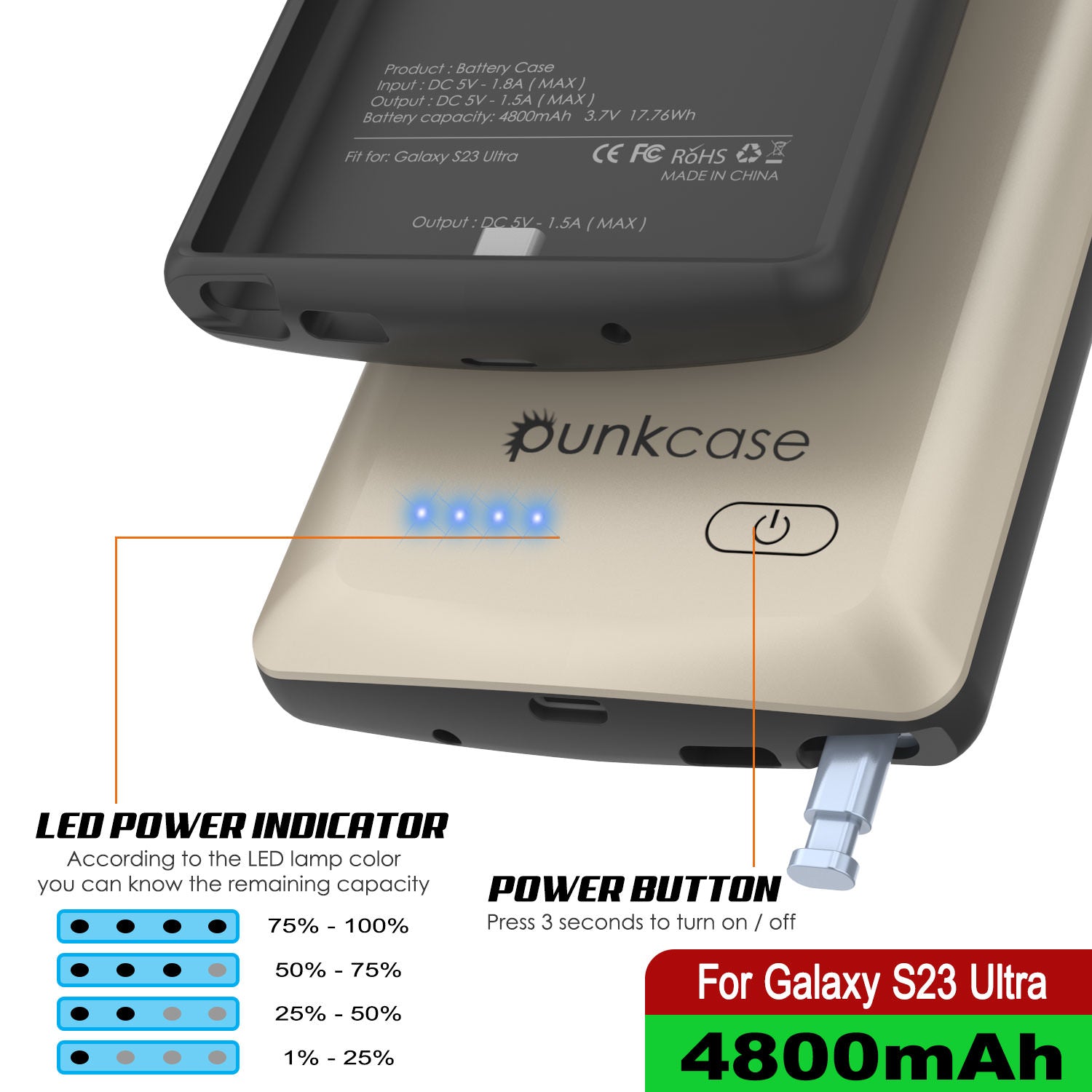 PunkJuice S23 Ultra Battery Case Silver - Portable Charging Power Juice Bank with 4800mAh