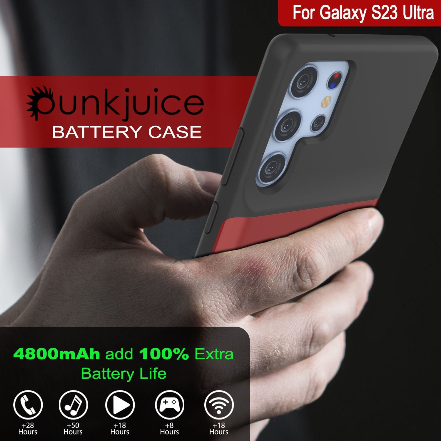 PunkJuice S24 Battery Case Red - Portable Charging Power Juice Bank with 4500mAh