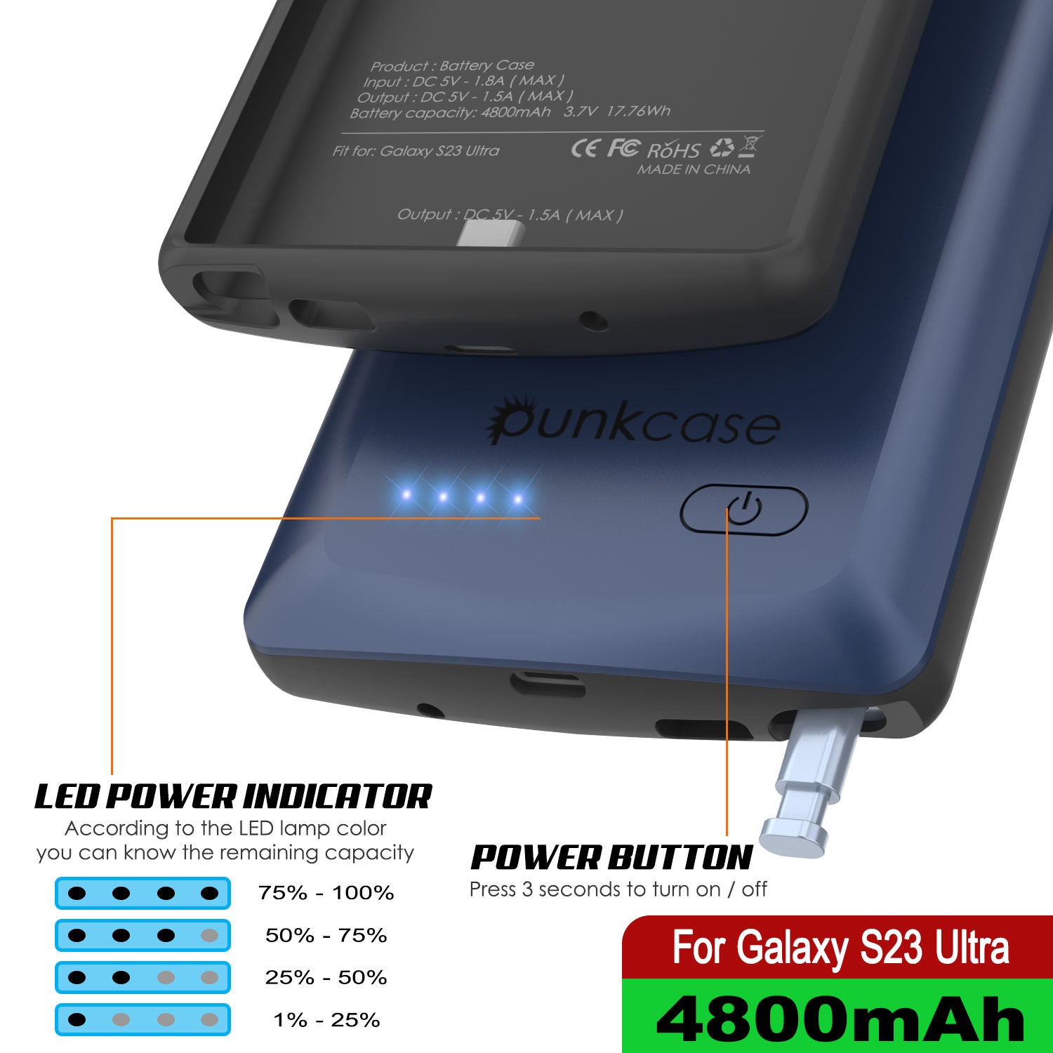 PunkJuice S23 Ultra Battery Case Blue - Portable Charging Power Juice Bank with 4800mAh