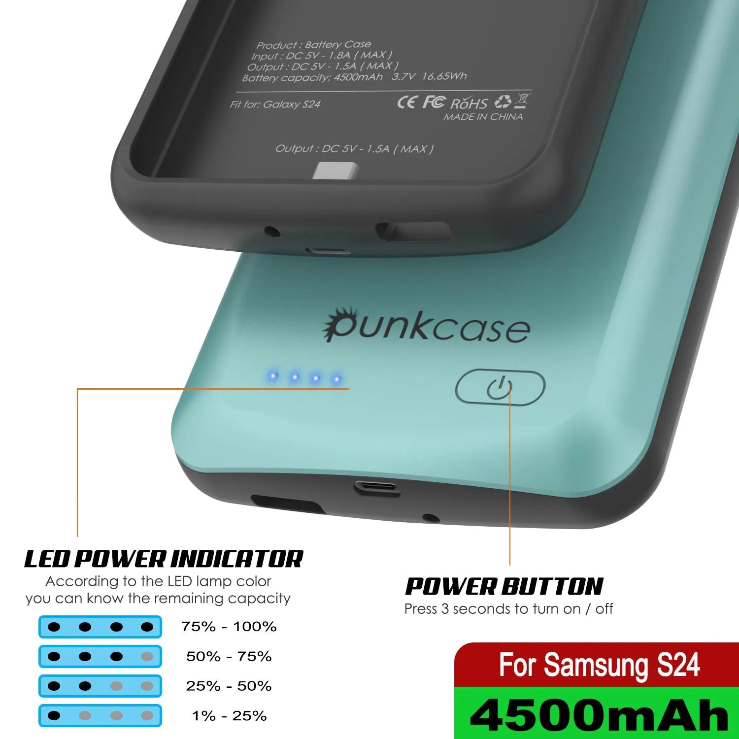 PunkJuice S24 Battery Case Teal - Portable Charging Power Juice Bank with 4500mAh