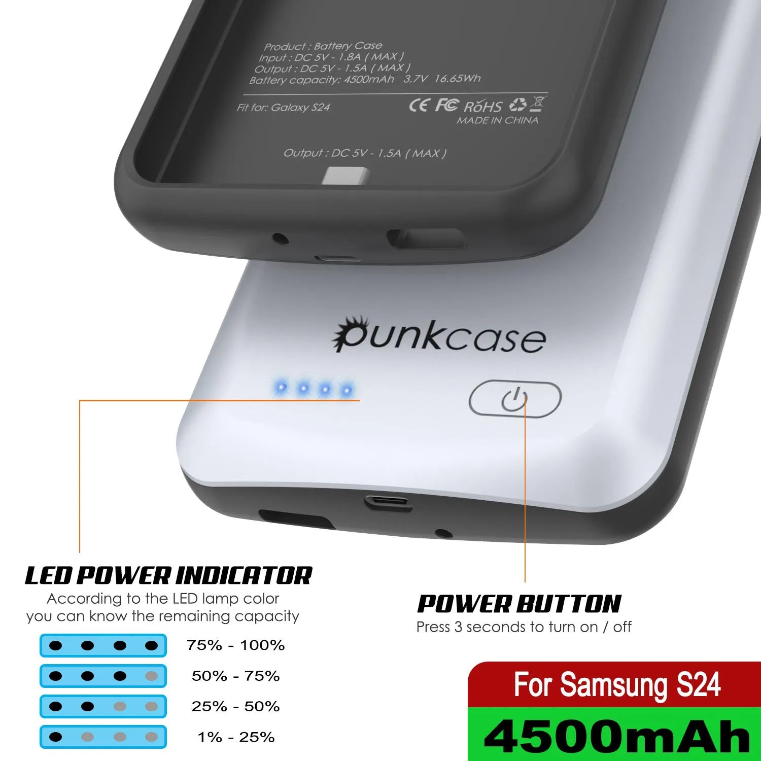 PunkJuice S24 Battery Case White - Portable Charging Power Juice Bank with 4500mAh