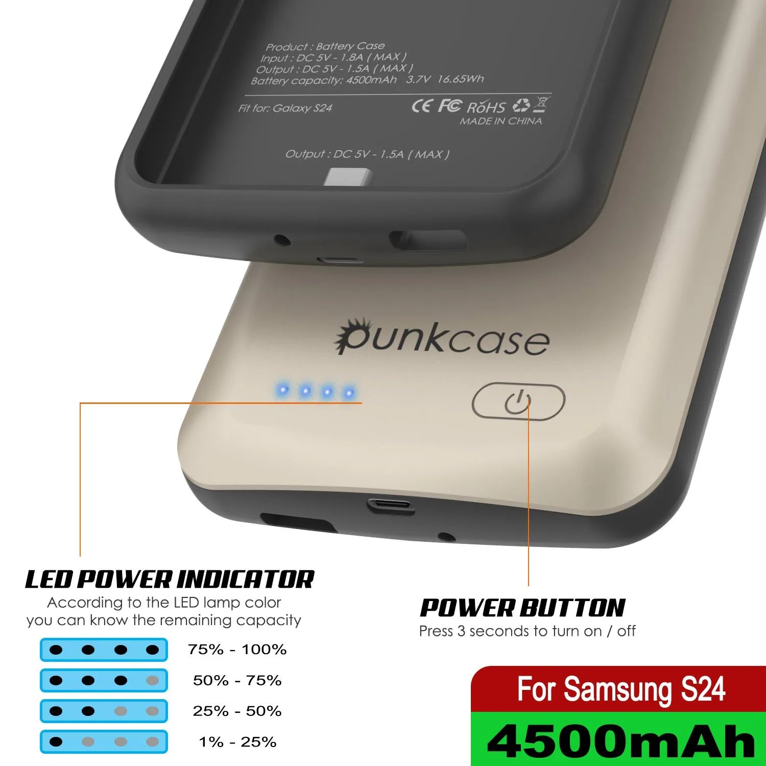 PunkJuice S24 Battery Case Silver - Portable Charging Power Juice Bank with 4500mAh