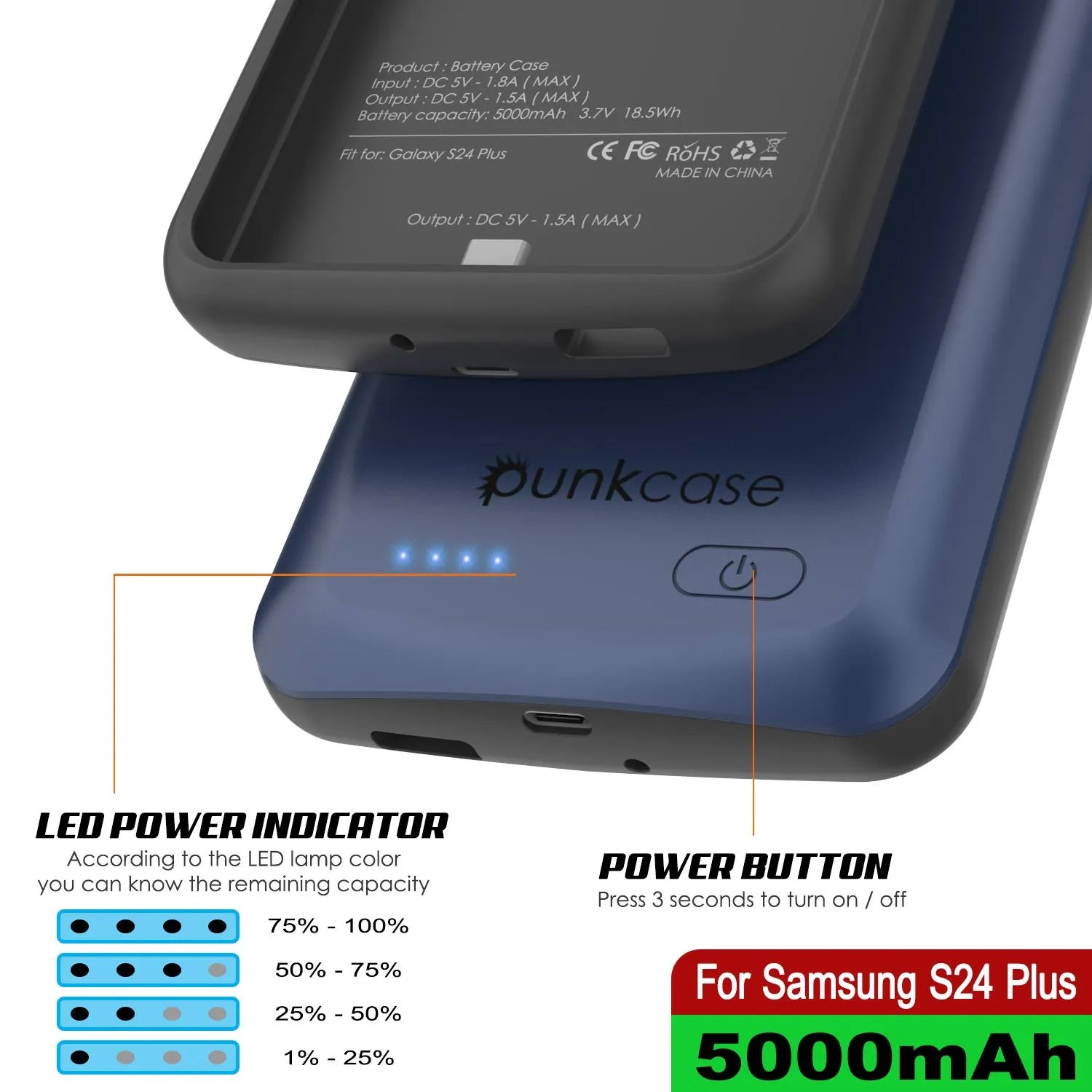 PunkJuice S24+ Plus Battery Case Blue - Portable Charging Power Juice Bank with 5000mAh