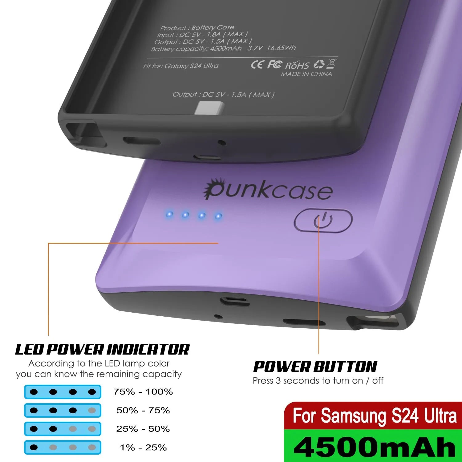 PunkJuice S24 Ultra Battery Case Purple - Portable Charging Power Juice Bank with 4500mAh