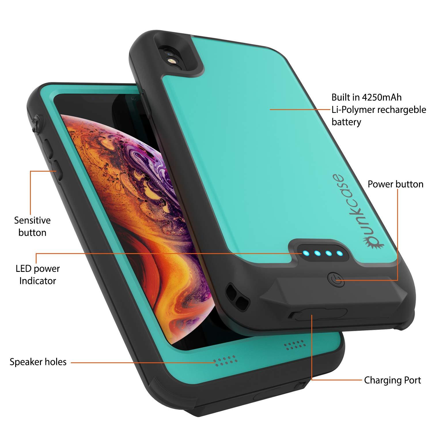 PunkJuice iPhone XS Max Battery Case, Waterproof, IP68 Certified [Ultra Slim] [Teal]