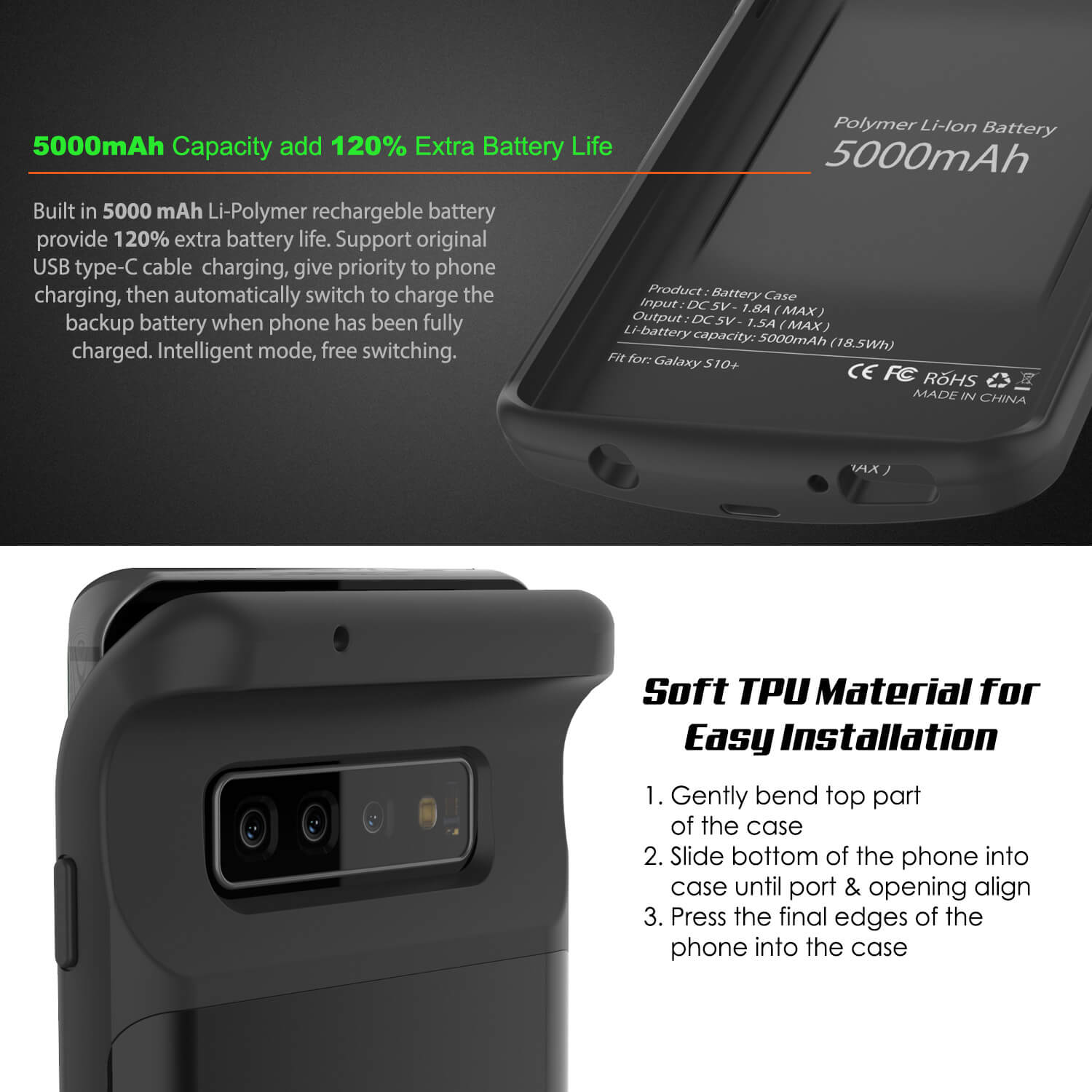 PunkJuice S10+ Plus Battery Case Reg. Black - Fast Charging Power Juice Bank with 5000mAh