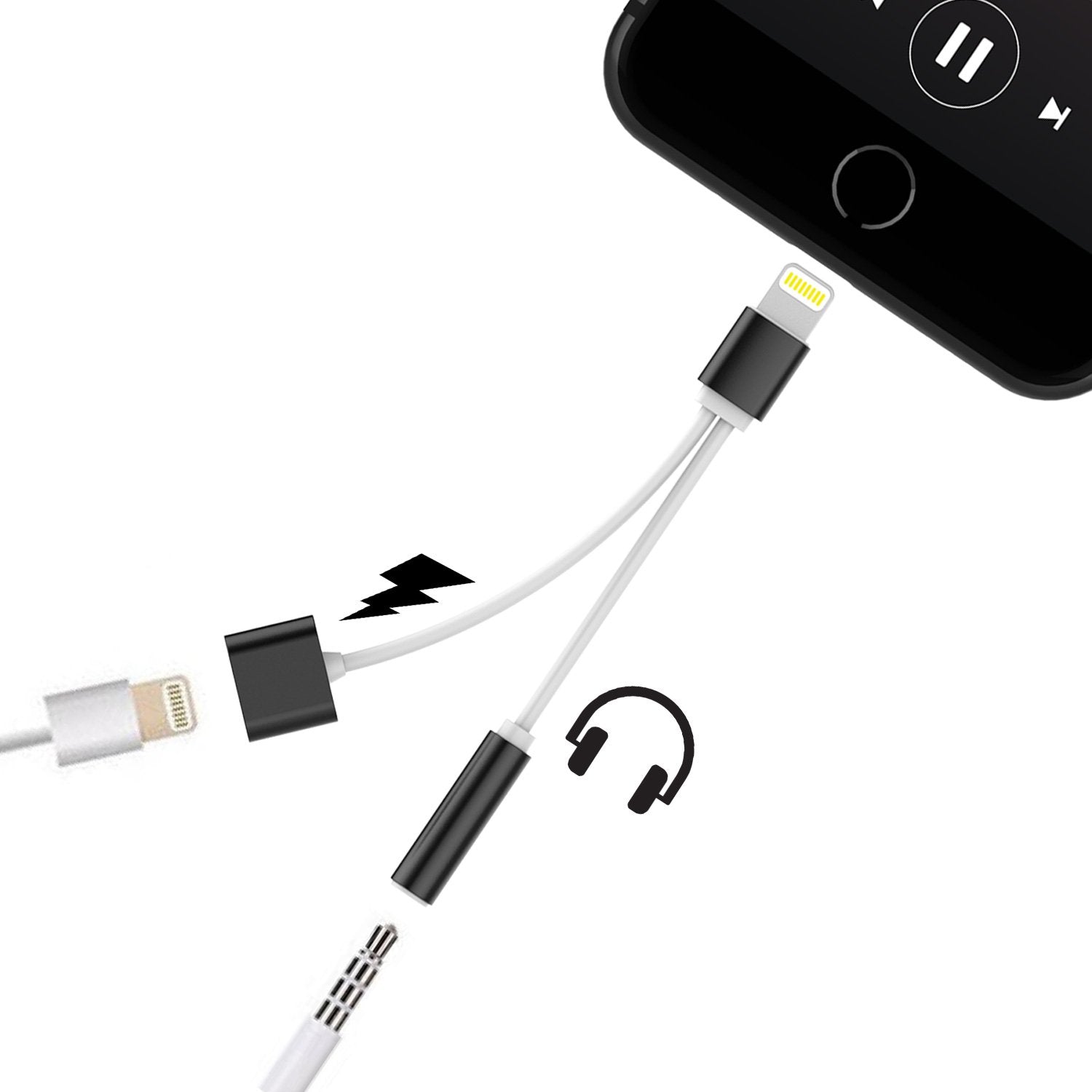 PUNKZAP Lightning Adapter Cable 2 in 1 Splitter Charger with 3.5mm Earphone AUX Jack|Charge & Listen to your Apple iPhone [BLACK] - PunkCase NZ