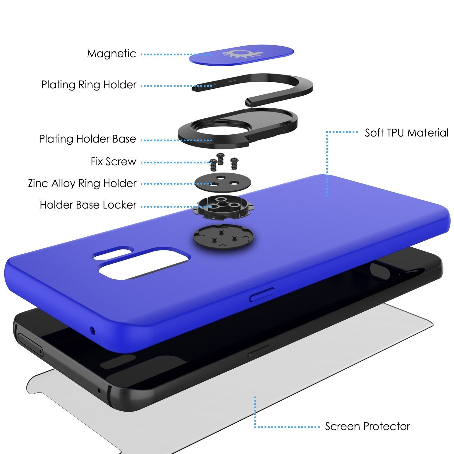 Galaxy S9 PLUS, Punkcase Magnetix Protective TPU Cover W/ Kickstand, Ring Grip Holder & Metal Plate for Magnetic Car Phone Mount PLUS PunkShield Screen Protector for Samsung S9+ Edge [Blue] - PunkCase NZ