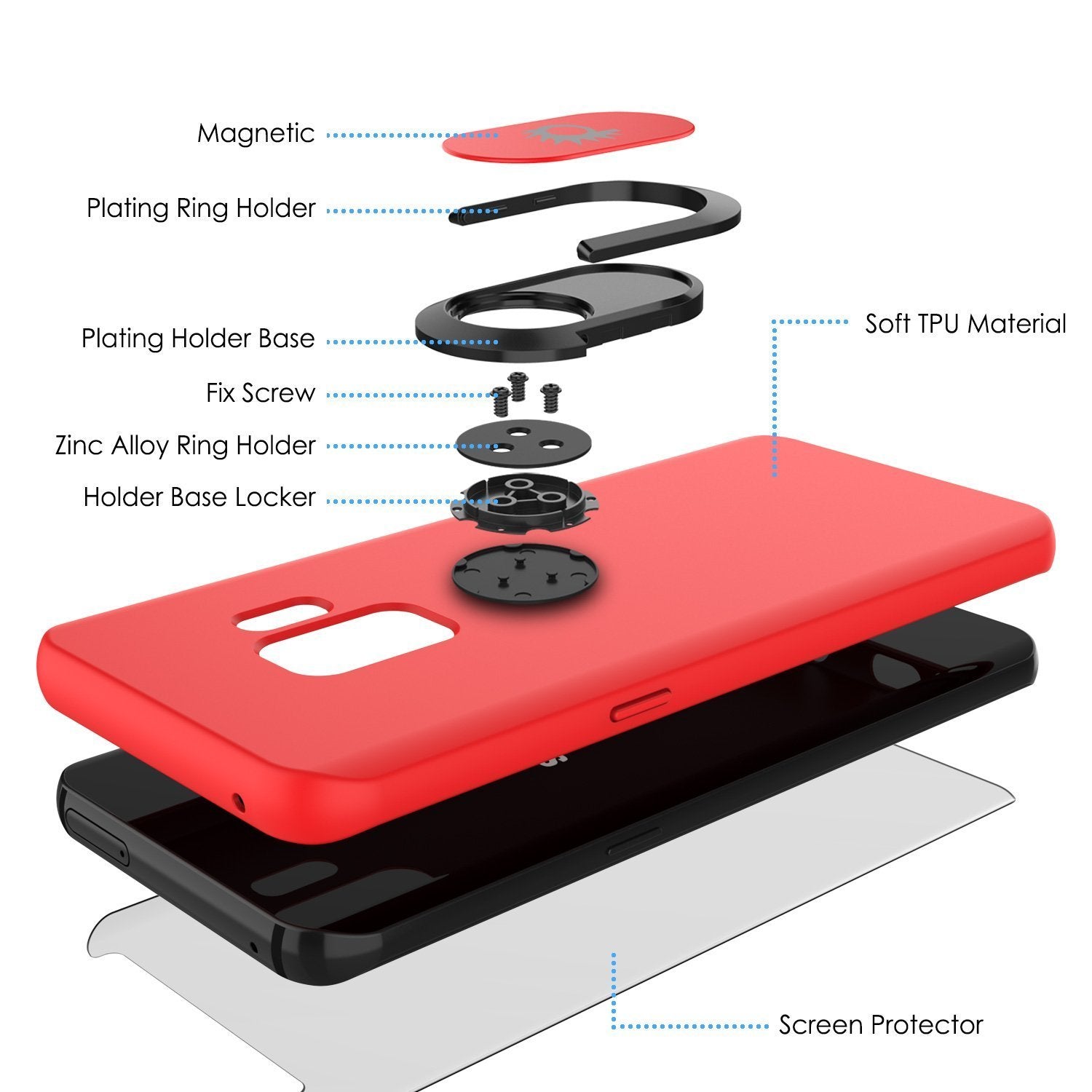 Galaxy S9 Case, Punkcase Magnetix Protective TPU Cover W/ Kickstand, Ring Grip Holder & Metal Plate for Magnetic Car Phone Mount PLUS PunkShield Screen Protector for Samsung S9 Edge [Red] - PunkCase NZ