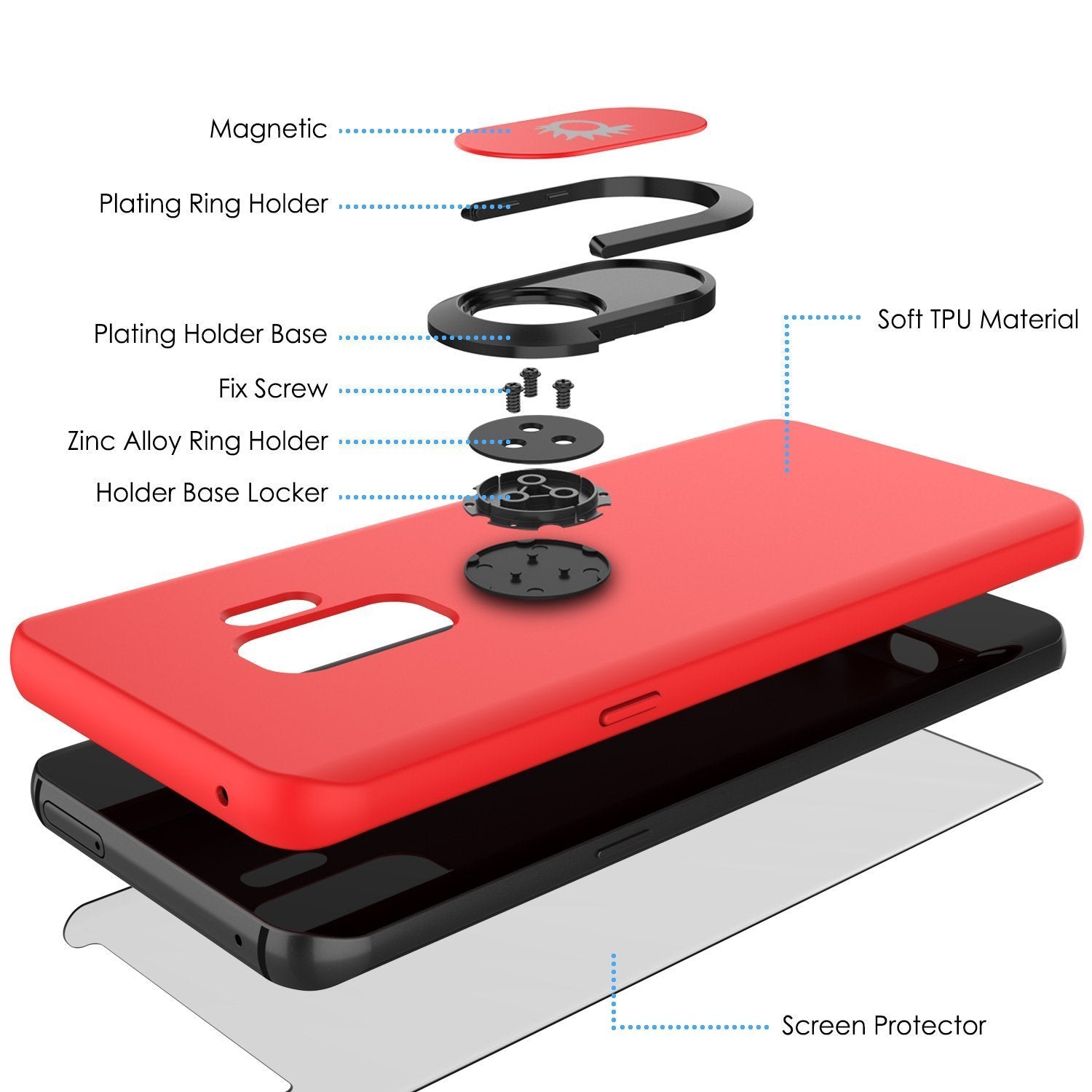 Galaxy S9 PLUS, Punkcase Magnetix Protective TPU Cover W/ Kickstand, Ring Grip Holder & Metal Plate for Magnetic Car Phone Mount PLUS PunkShield Screen Protector for Samsung S9+ Edge [Red] - PunkCase NZ