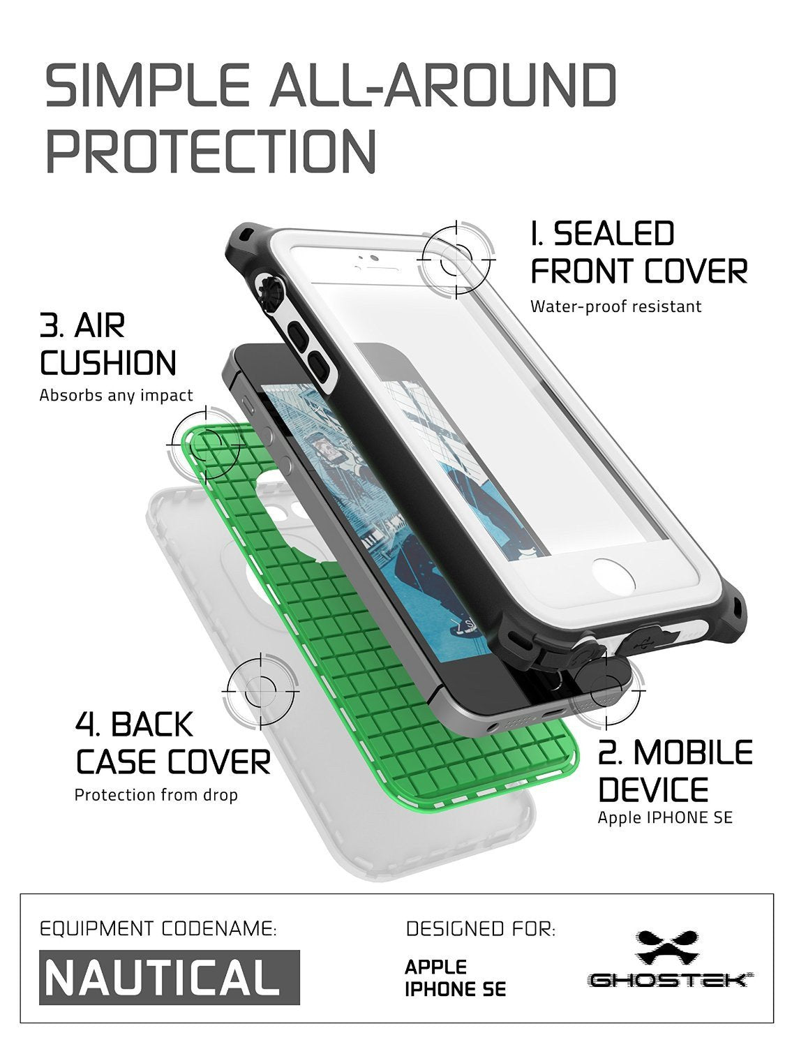 iPhone SE/5S/5 Waterproof Case, Ghostek® Nautical White Series| Underwater | Aluminum Frame - PunkCase NZ