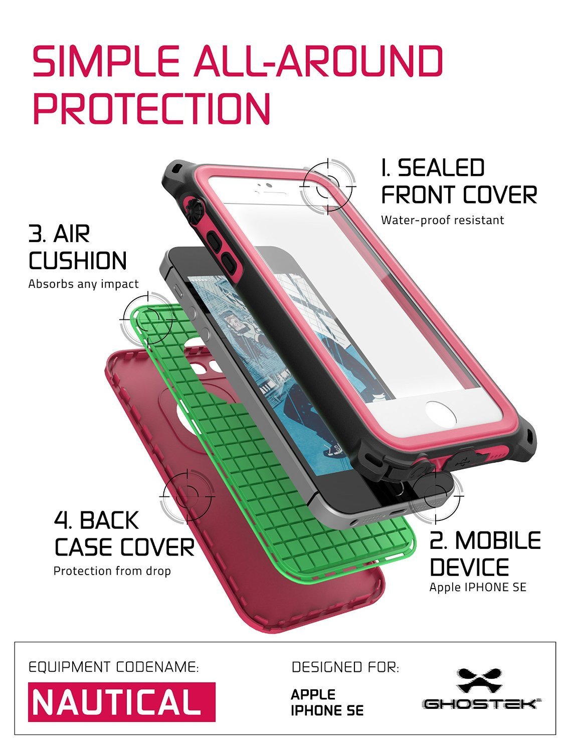 iPhone SE/5S/5 Waterproof Case, Ghostek® Nautical Pink Series| Underwater | Aluminum Frame - PunkCase NZ