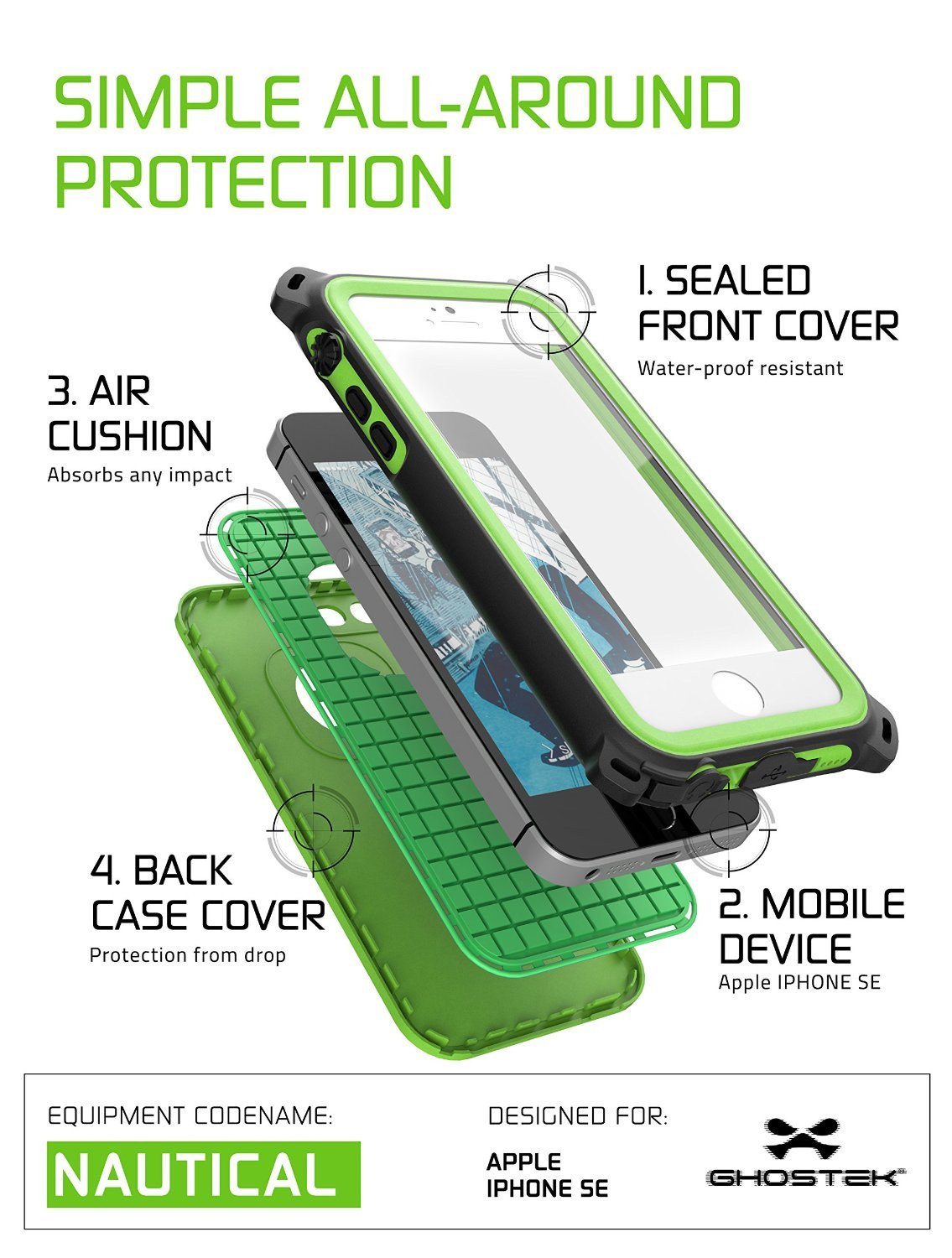 iPhone SE/5S/5 Waterproof Case, Ghostek® Nautical Green Series| Underwater | Aluminum Frame - PunkCase NZ