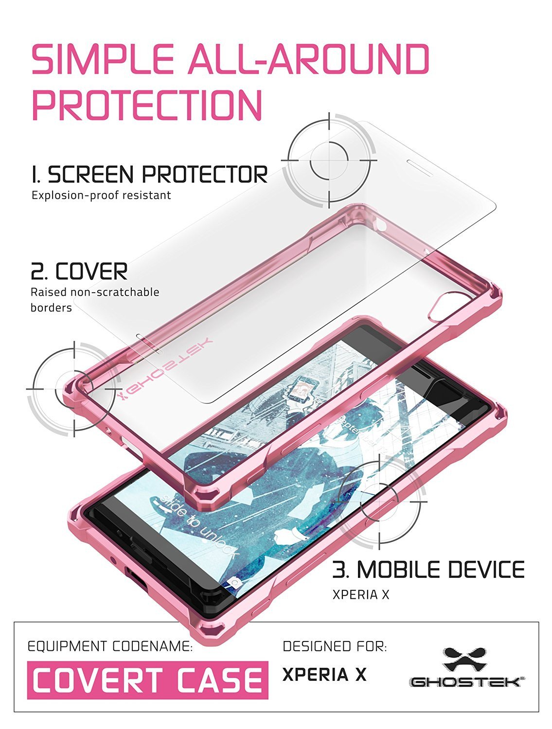 Xperia X Case, Ghostek® Covert Rose Pink  | Clear TPU | Warranty | Screen Protector | Ultra Fit - PunkCase NZ