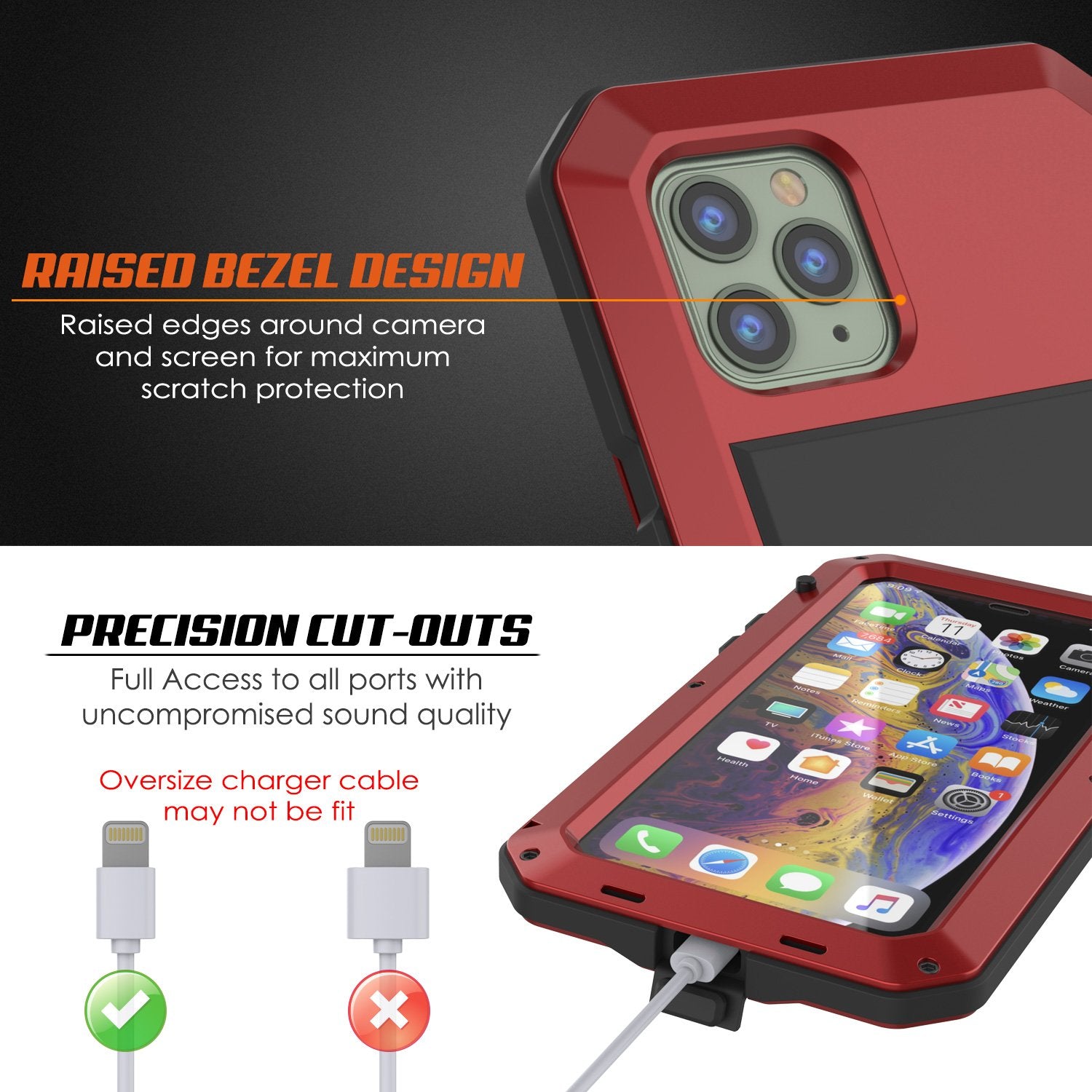 iPhone 11 Pro Max Metal Case, Heavy Duty Military Grade Armor Cover [shock proof] Full Body Hard [Red]