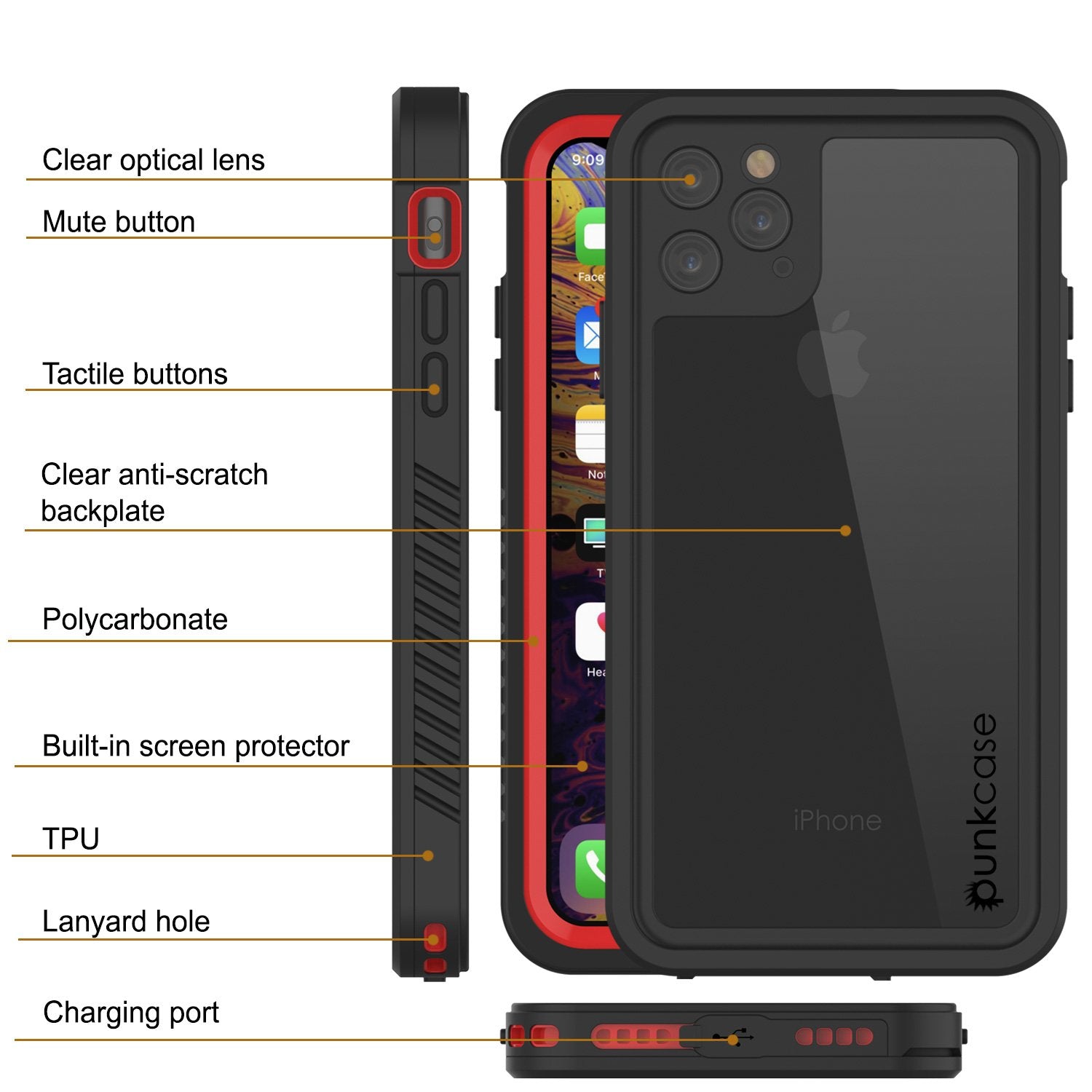 iPhone 11 Pro Max Waterproof Case, Punkcase [Extreme Series] Armor Cover W/ Built In Screen Protector [Red]