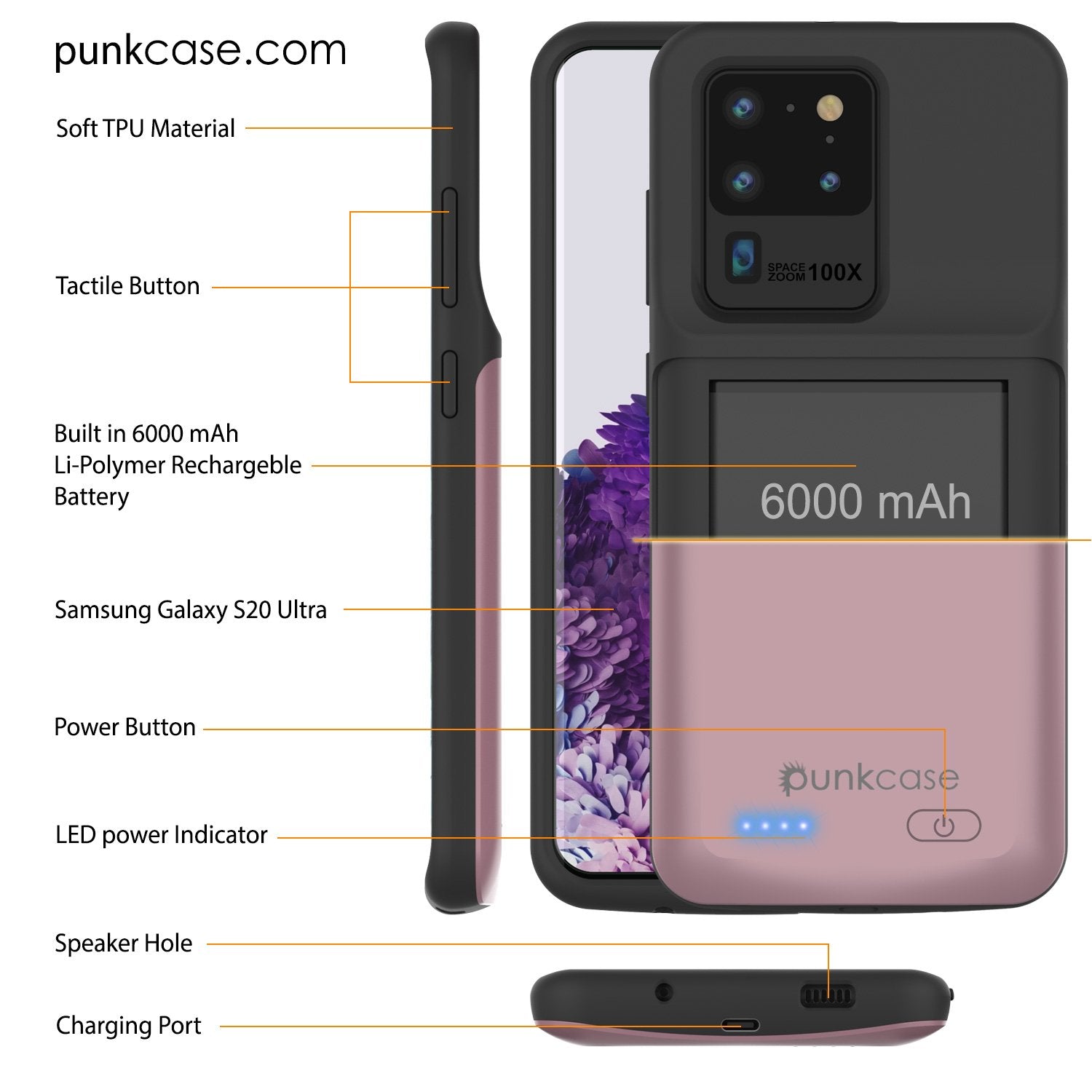 PunkJuice S20 Ultra Battery Case Rose - Fast Charging Power Juice Bank with 6000mAh