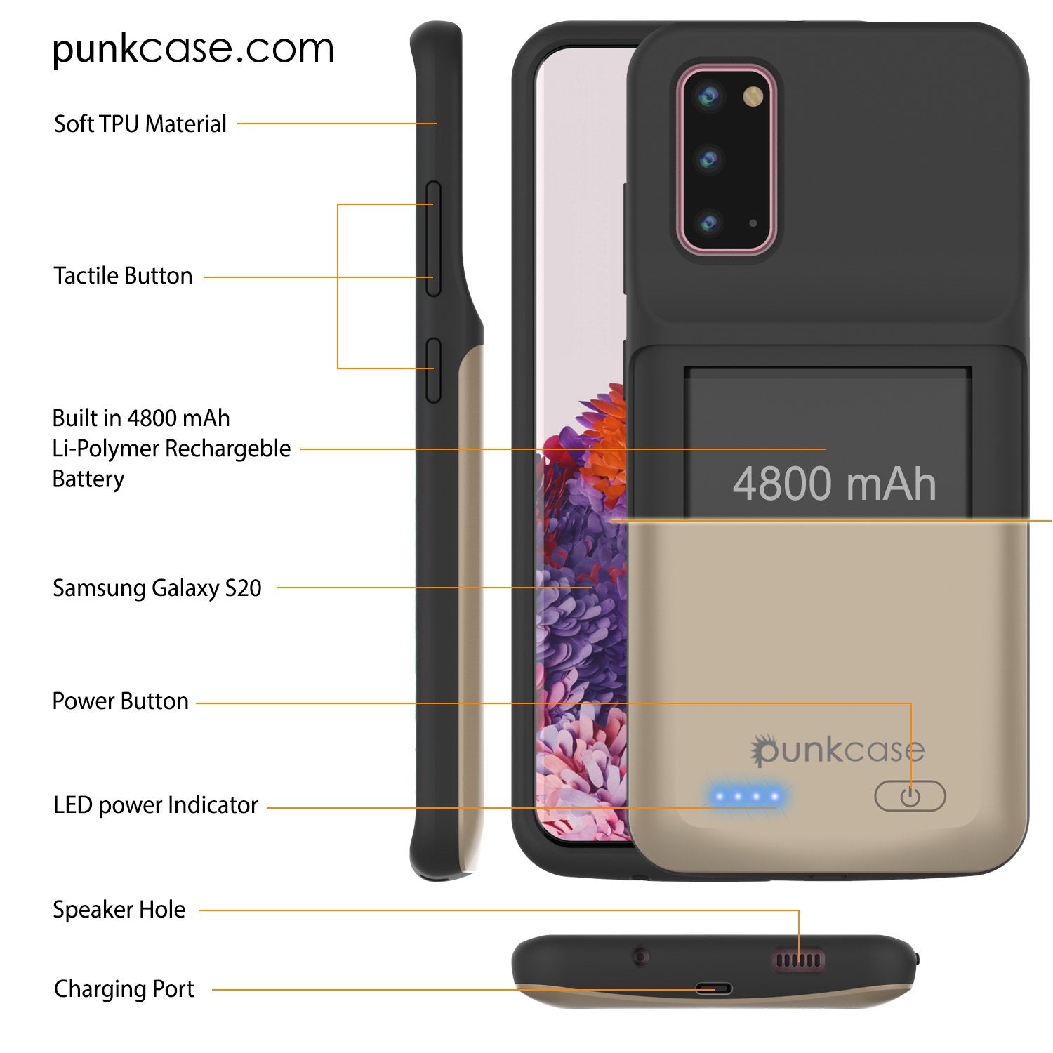 PunkJuice S20 Battery Case Gold - Fast Charging Power Juice Bank with 4800mAh