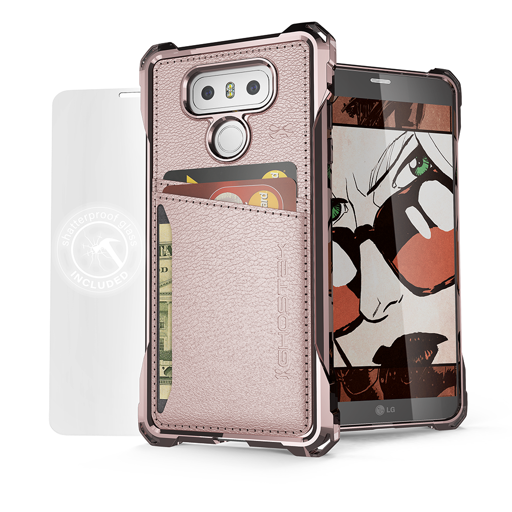 LG G6 Wallet Case, Ghostek Exec Pink Series | Slim Armor Hybrid Impact Bumper | TPU PU Leather Credit Card Slot Holder Sleeve Cover