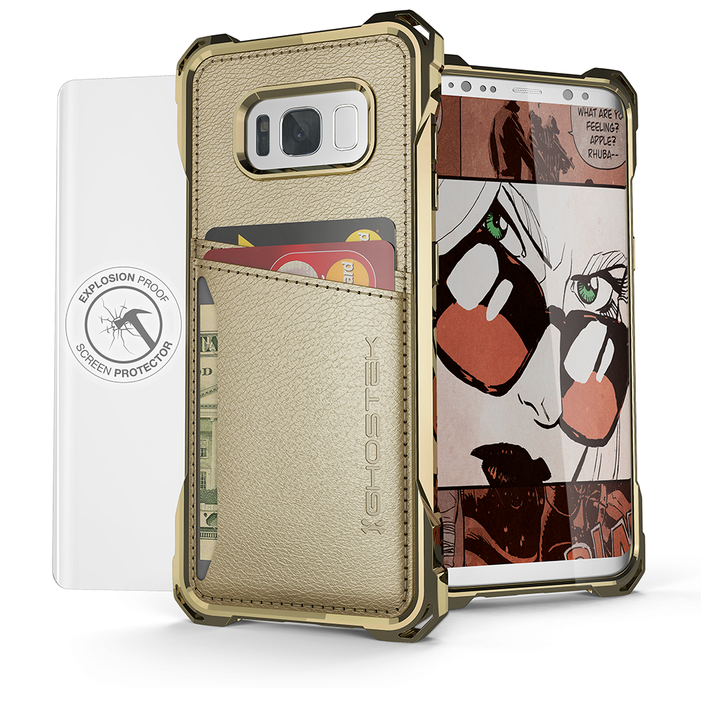 Galaxy S8 Wallet Case, Ghostek Exec Gold Series | Slim Armor Hybrid Impact Bumper | TPU PU Leather Credit Card Slot Holder Sleeve Cover - PunkCase NZ