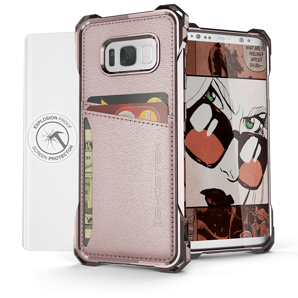Galaxy S8 Wallet Case, Ghostek Exec Pink Series | Slim Armor Hybrid Impact Bumper | TPU PU Leather Credit Card Slot Holder Sleeve Cover - PunkCase NZ