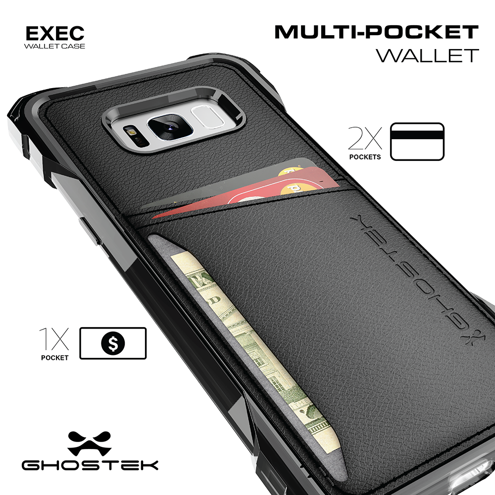 Galaxy S8+ Plus Wallet Case, Ghostek Exec Black Series | Slim Armor Hybrid Impact Bumper | TPU PU Leather Credit Card Slot Holder Sleeve Cover - PunkCase NZ