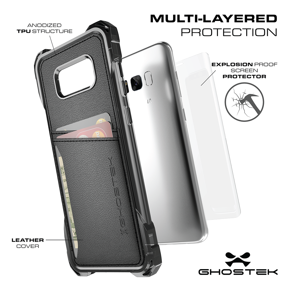 Galaxy S8 Wallet Case, Ghostek Exec Black Series | Slim Armor Hybrid Impact Bumper | TPU PU Leather Credit Card Slot Holder Sleeve Cover - PunkCase NZ
