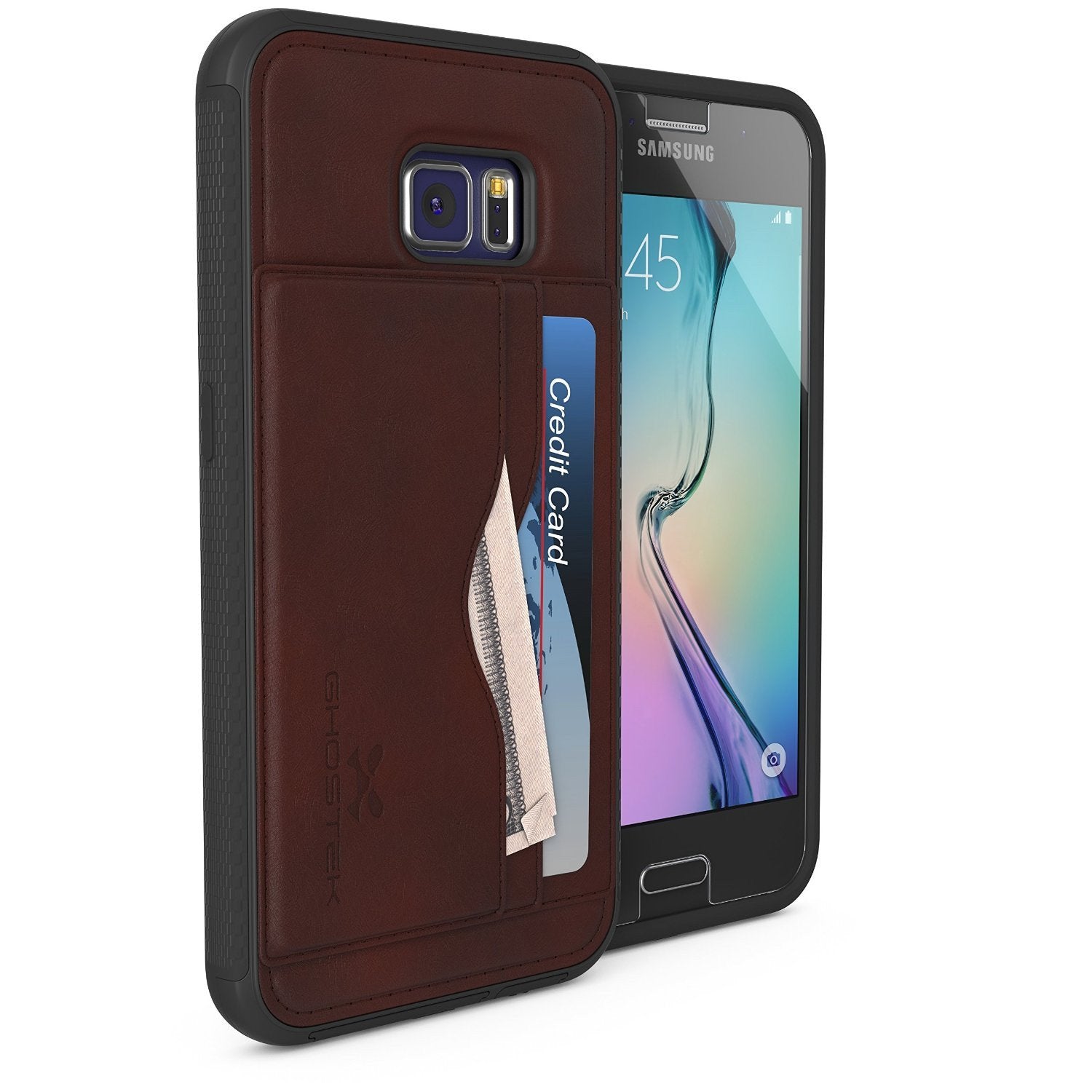 Galaxy S6 Wallet Case, Ghostek Stash Dark Brown Wallet Case w/ Tempered Glass | Lifetime Warranty