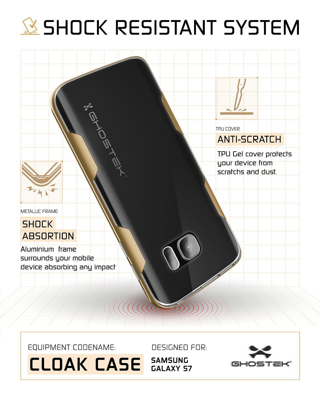 Galaxy S7 Case, Ghostek Cloak Series Gold  Slim Premium Protective Hybrid Impact Glass Armor - PunkCase NZ