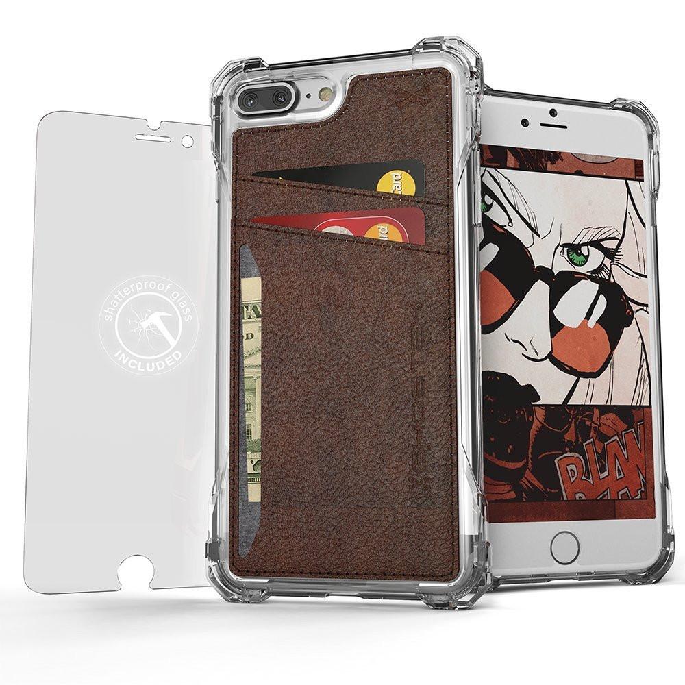 iPhone 7+ Plus Wallet Case, Ghostek Exec Brown Series | Slim Armor Hybrid Impact Bumper | TPU PU Leather Credit Card Slot Holder Sleeve Cover - PunkCase NZ