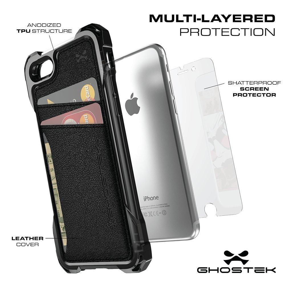 iPhone 7 Wallet Case, Ghostek Exec Brown Series | Slim Armor Hybrid Impact Bumper | TPU PU Leather Credit Card Slot Holder Sleeve Cover - PunkCase NZ