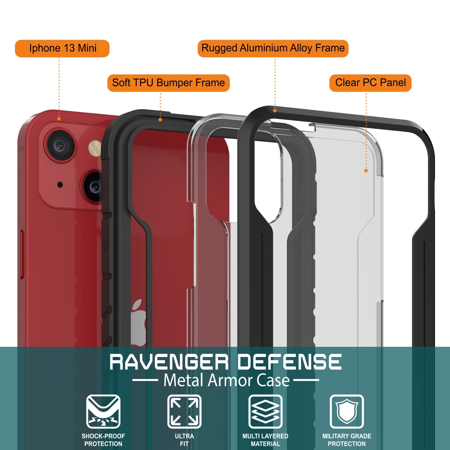 Punkcase iPhone 13 Mini ravenger Case Protective Military Grade Multilayer Cover [Black]