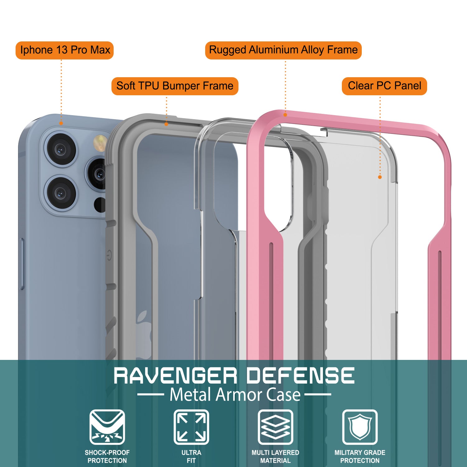 Punkcase iPhone 13 Pro Max ravenger Case Protective Military Grade Multilayer Cover [Rose-Gold]