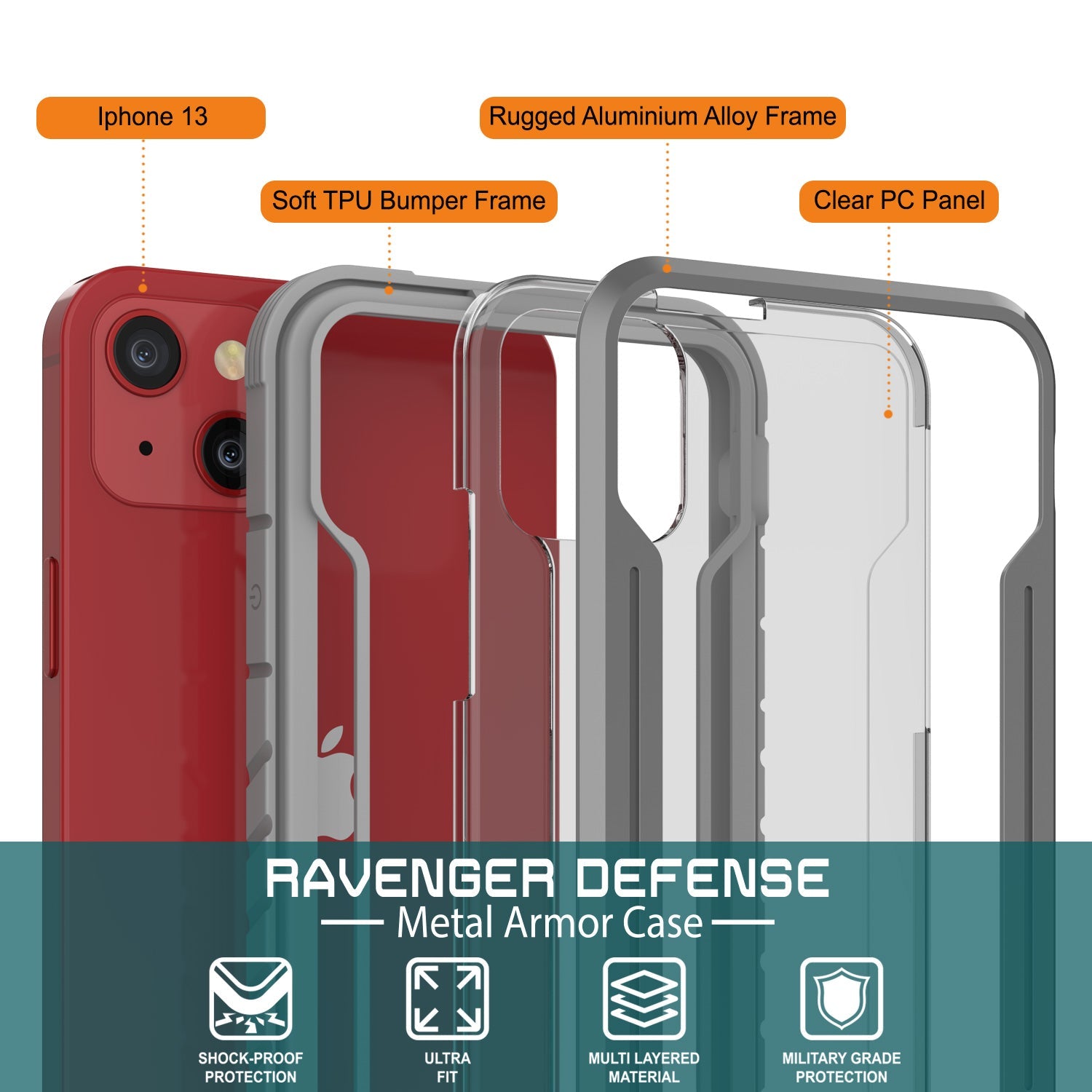 Punkcase iPhone 13 ravenger Case Protective Military Grade Multilayer Cover [Grey]