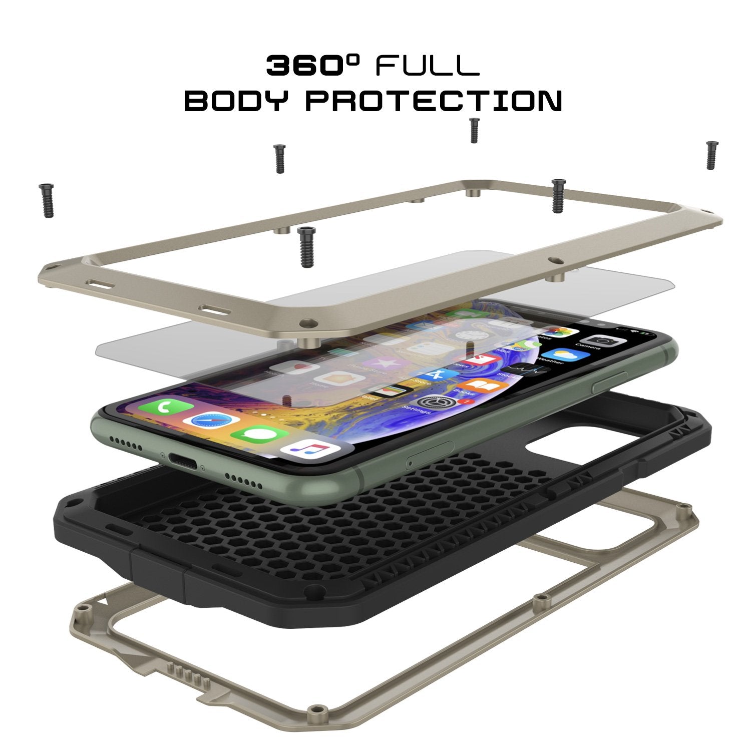 iPhone 11 Pro Max Metal Case, Heavy Duty Military Grade Armor Cover [shock proof] Full Body Hard [Gold]