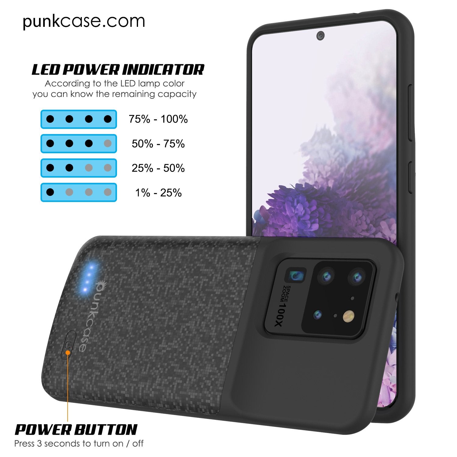PunkJuice S20 Ultra Battery Case Patterned Black - Fast Charging Power Juice Bank with 6000mAh