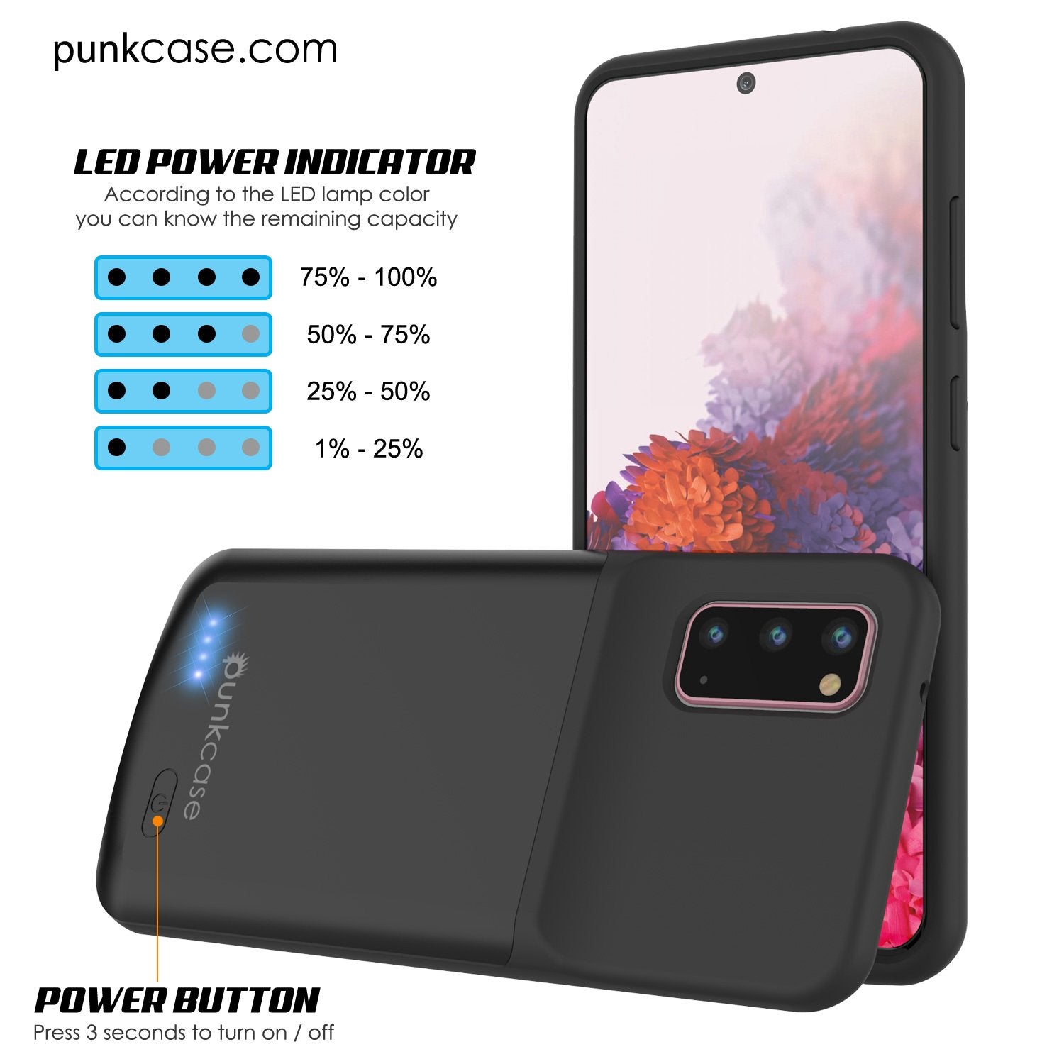 PunkJuice S20 Battery Case All Black - Fast Charging Power Juice Bank with 4800mAh