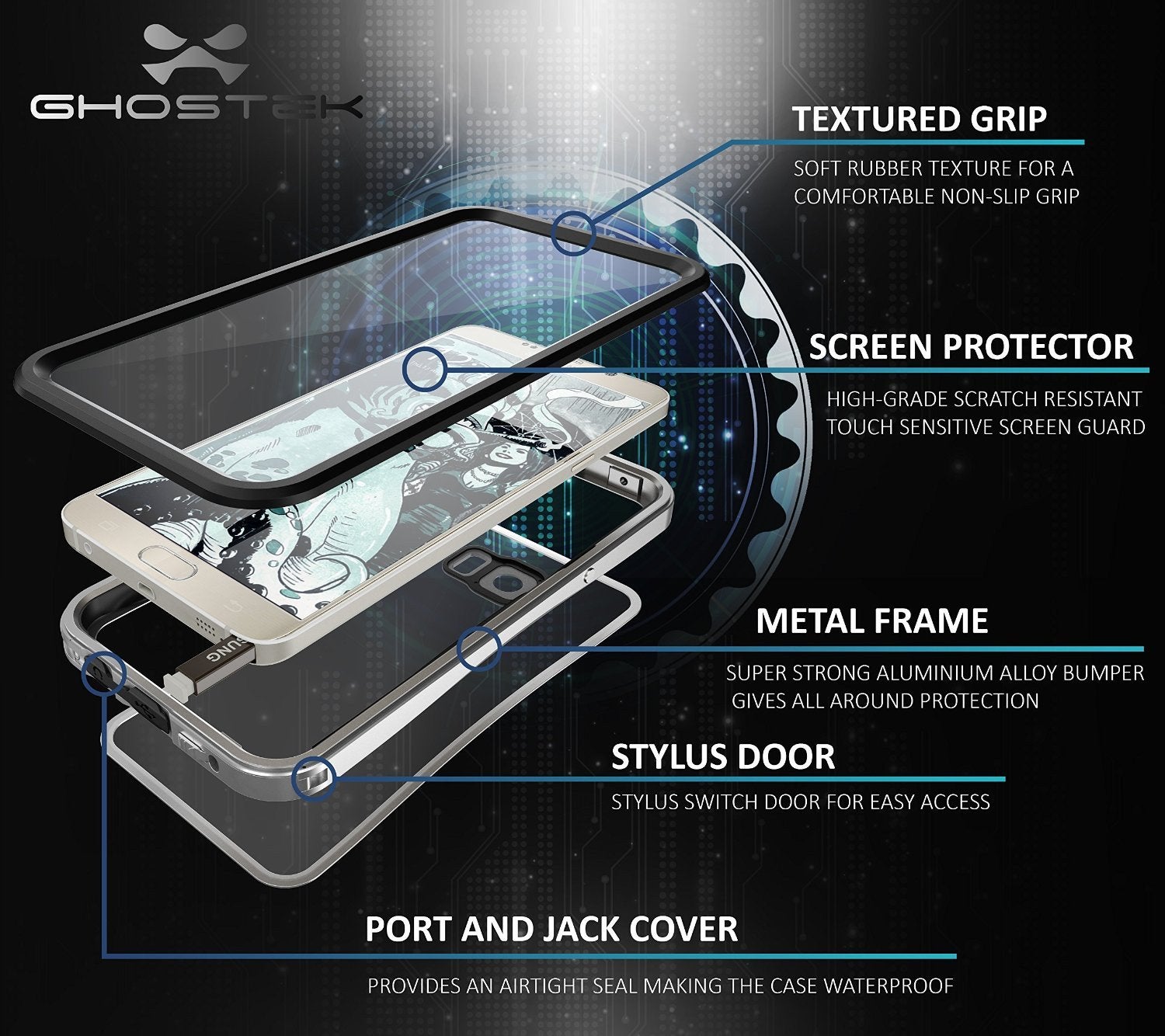 Note 5 Waterproof Case, Ghostek® Atomic 2.0 Series Silver for Samsung Galaxy Note 5 | Aluminum Frame - PunkCase NZ