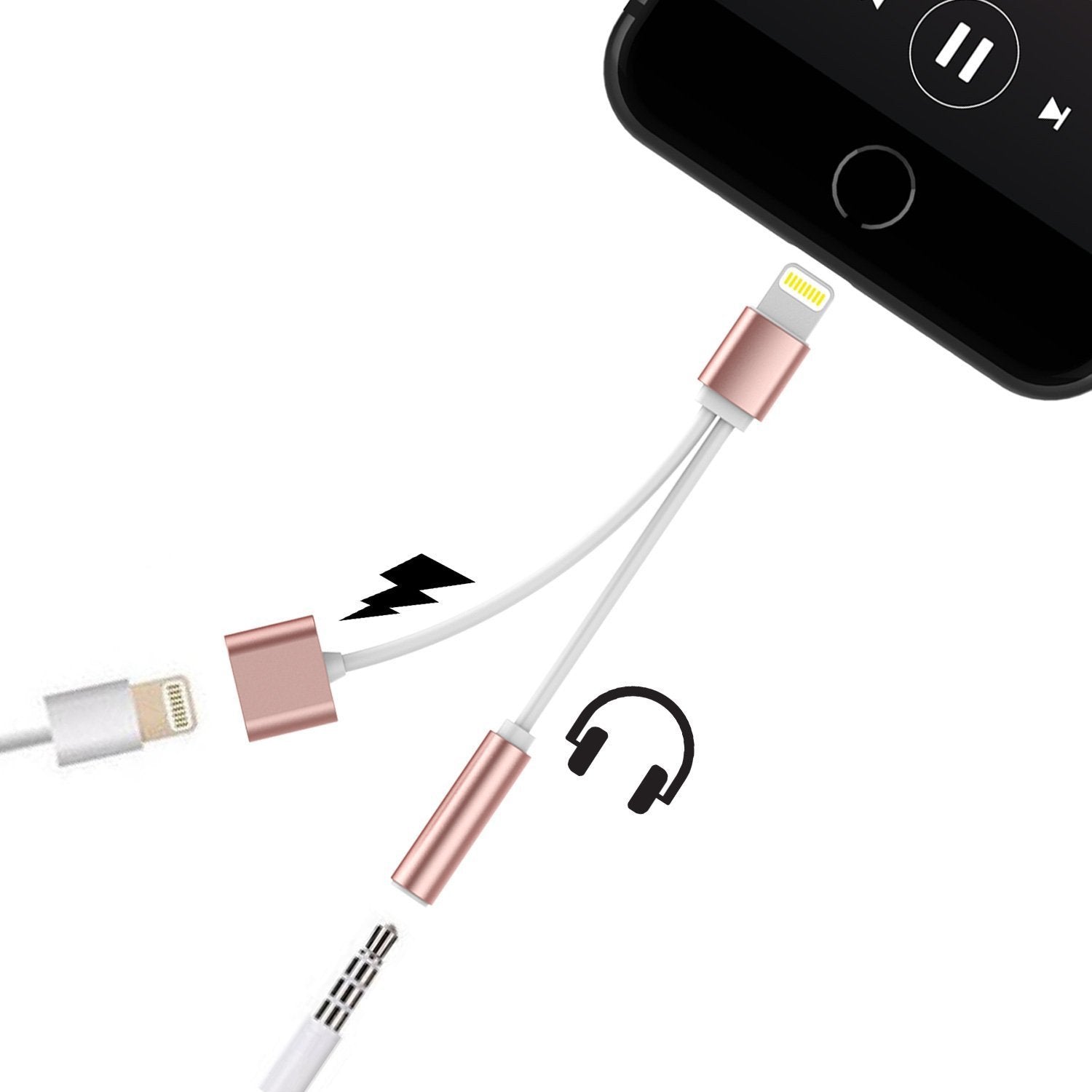 PUNKZAP Lightning Adapter Cable 2 in 1 Splitter Charger with 3.5mm Earphone AUX Jack|Charge & Listen to your Apple iPhone [ROSE] - PunkCase NZ