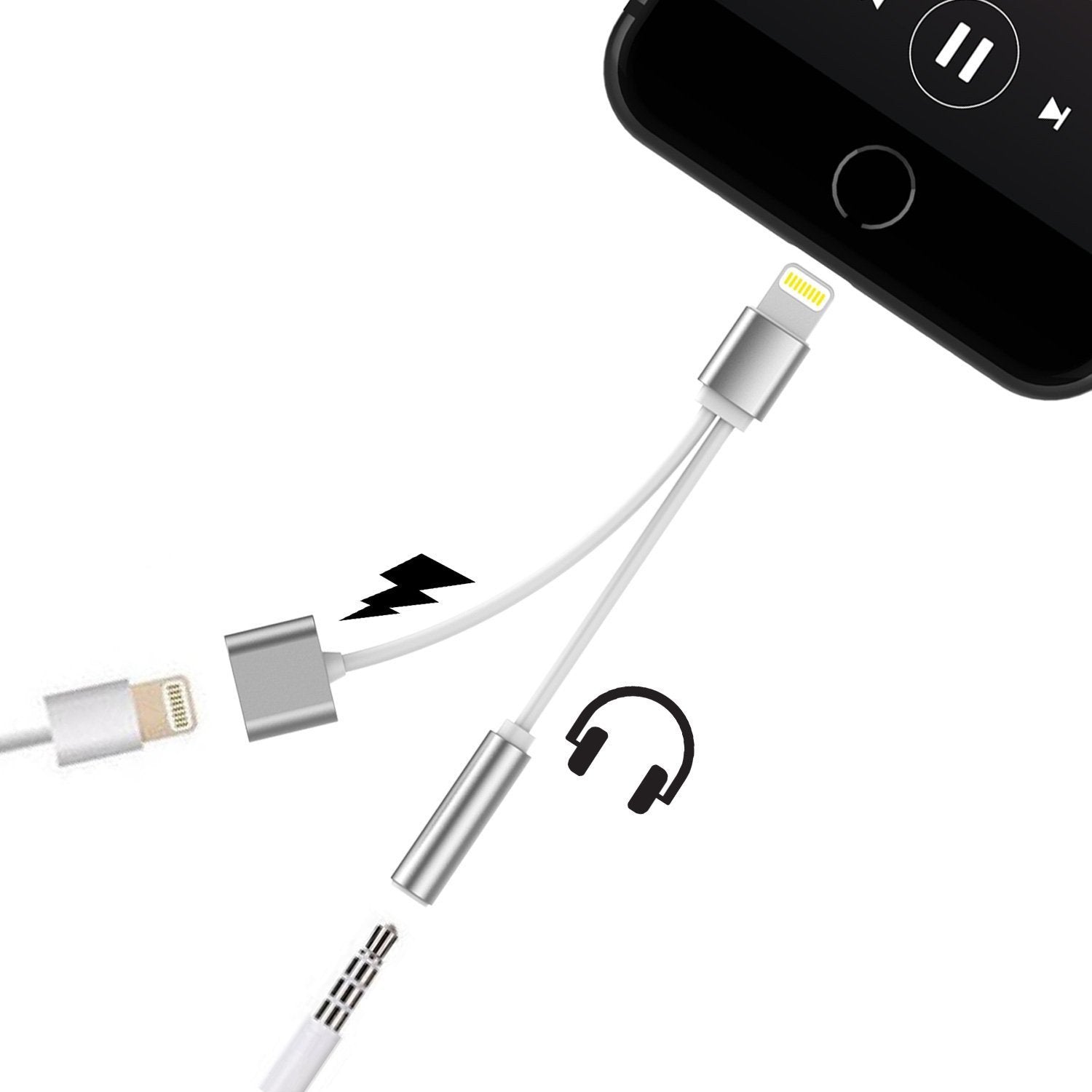 PUNKZAP Lightning Adapter Cable 2 in 1 Splitter Charger with 3.5mm Earphone AUX Jack|Charge & Listen to your Apple iPhone [SIlver] - PunkCase NZ