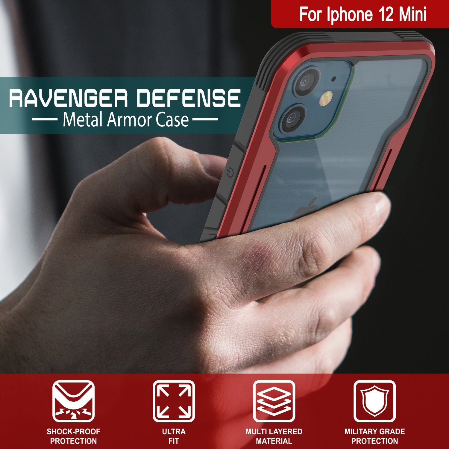 Punkcase iPhone 12 Mini ravenger Case Protective Military Grade Multilayer Cover [Red]