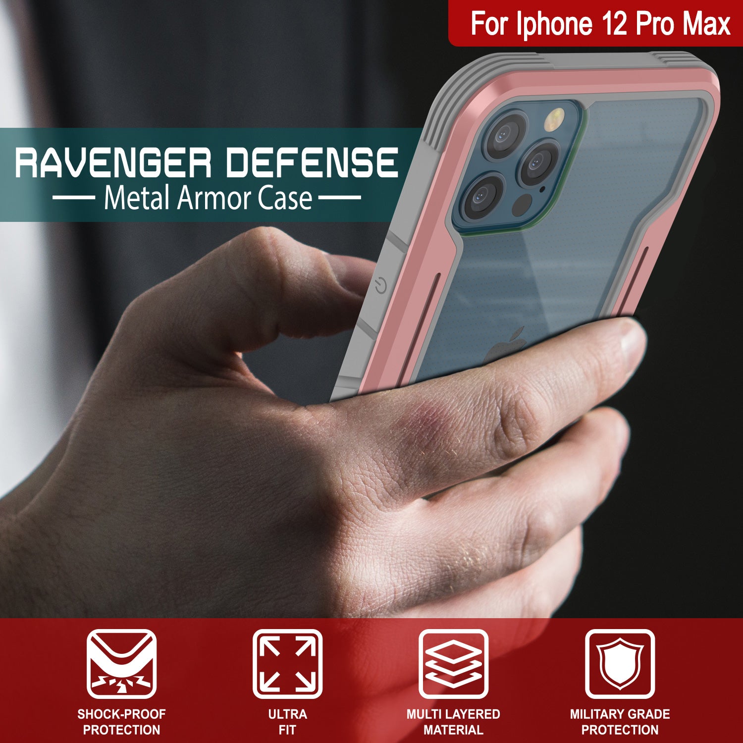 Punkcase iPhone 12 Pro Max ravenger Case Protective Military Grade Multilayer Cover [Rose-Gold]