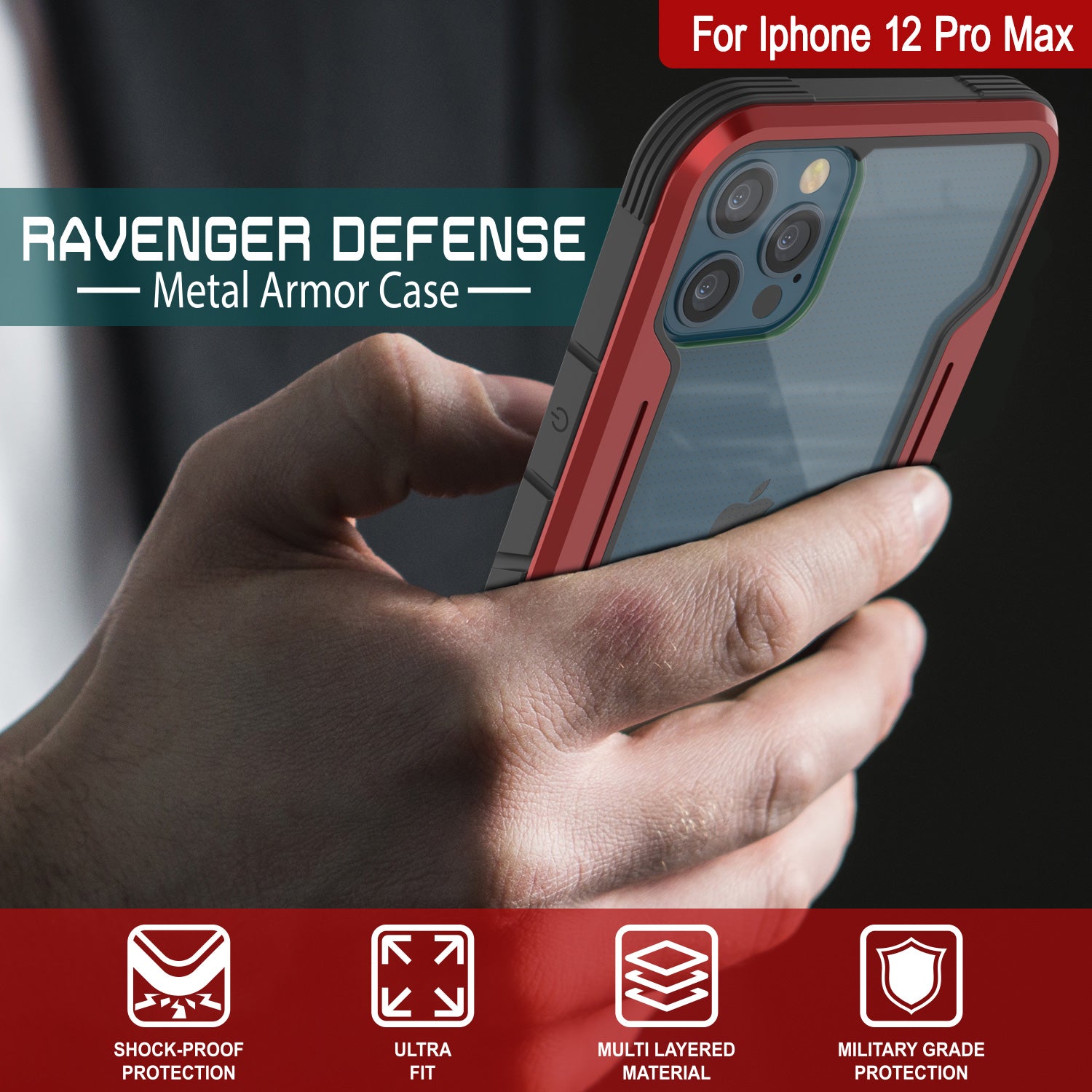 Punkcase iPhone 12 Pro Max ravenger Case Protective Military Grade Multilayer Cover [Red]