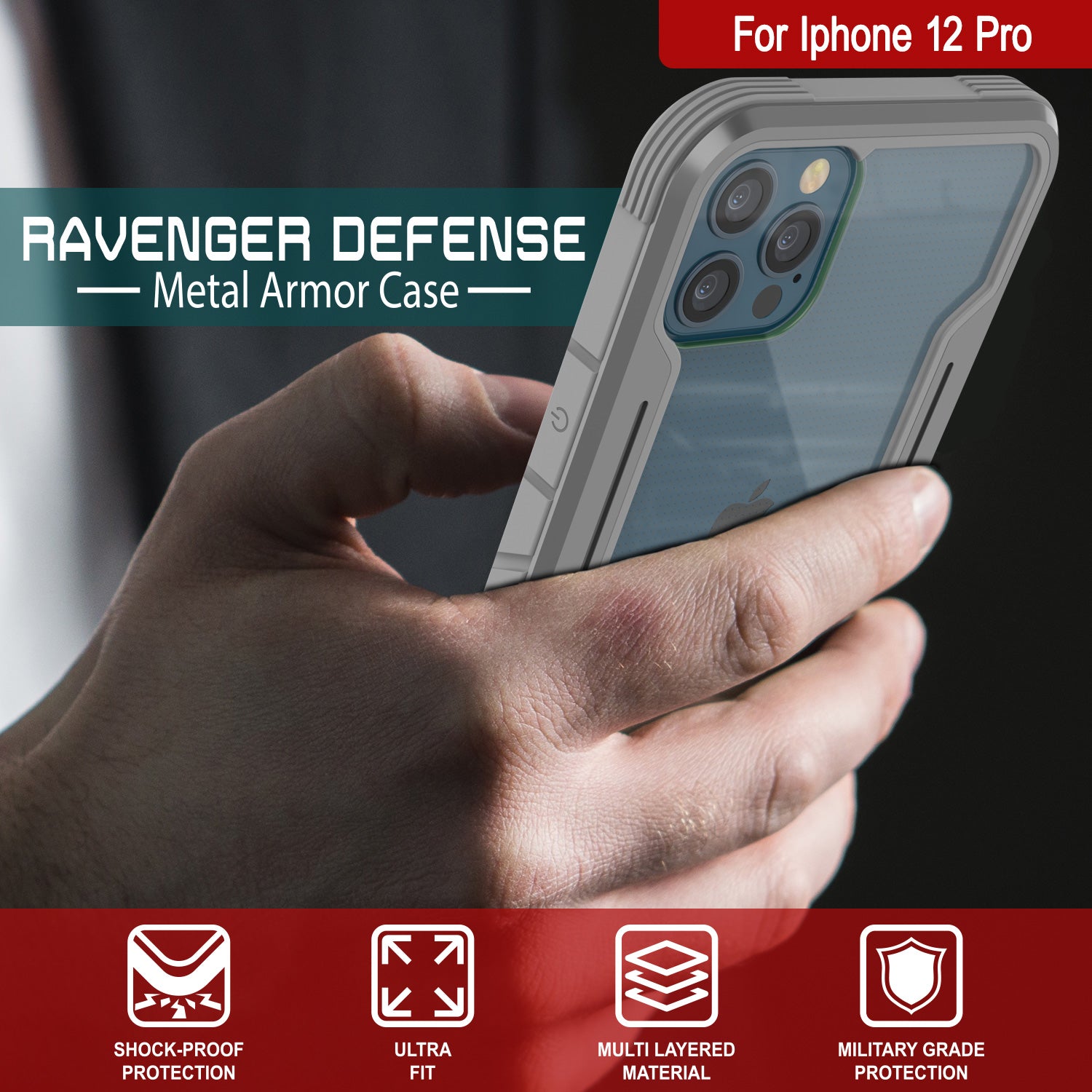 Punkcase iPhone 12 Pro ravenger Case Protective Military Grade Multilayer Cover [Grey]