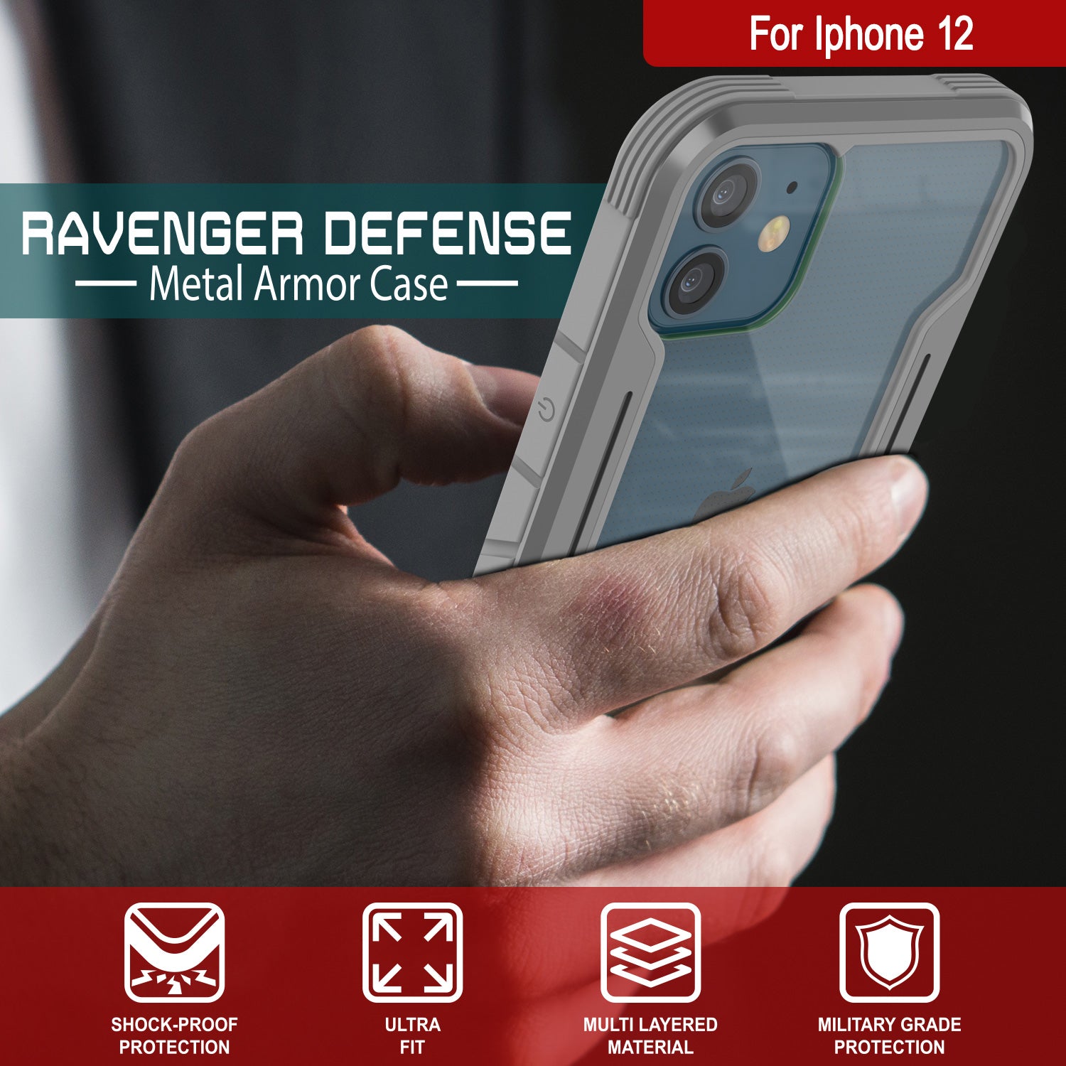 Punkcase iPhone 12 ravenger Case Protective Military Grade Multilayer Cover [Grey]