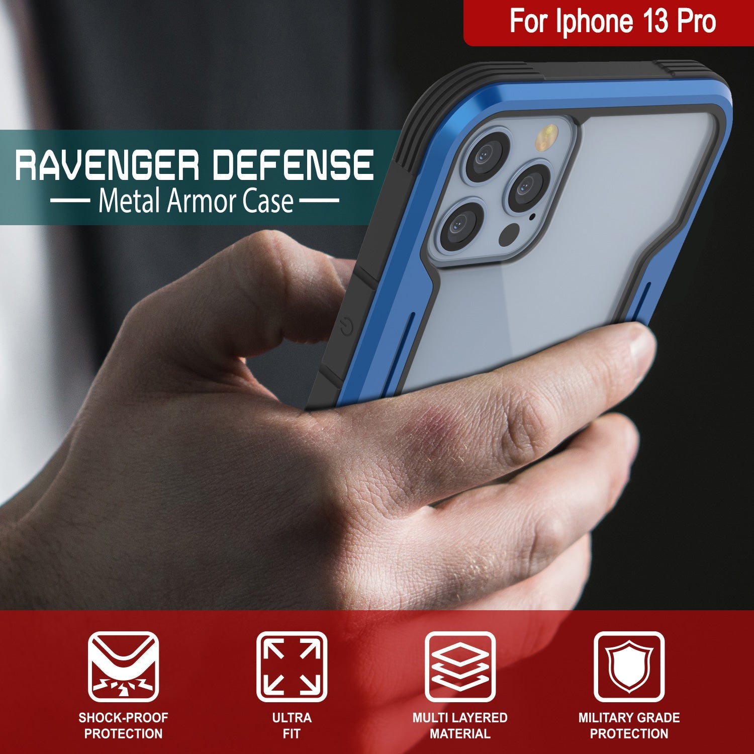 Punkcase iPhone 13 Pro ravenger Case Protective Military Grade Multilayer Cover [Navy Blue]